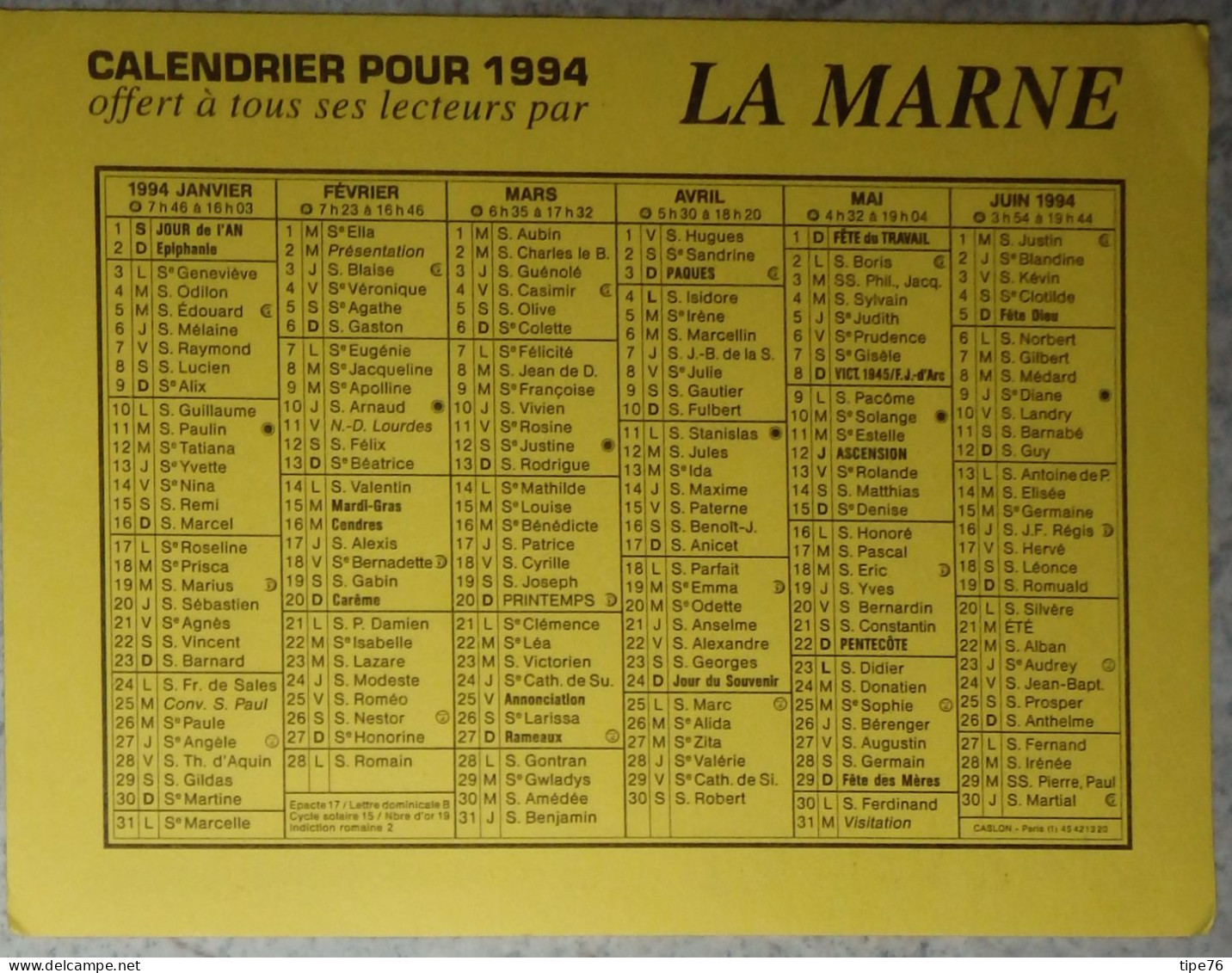 Petit Calendrier De Poche 1994 Journal La Marne - Petit Format : 1991-00