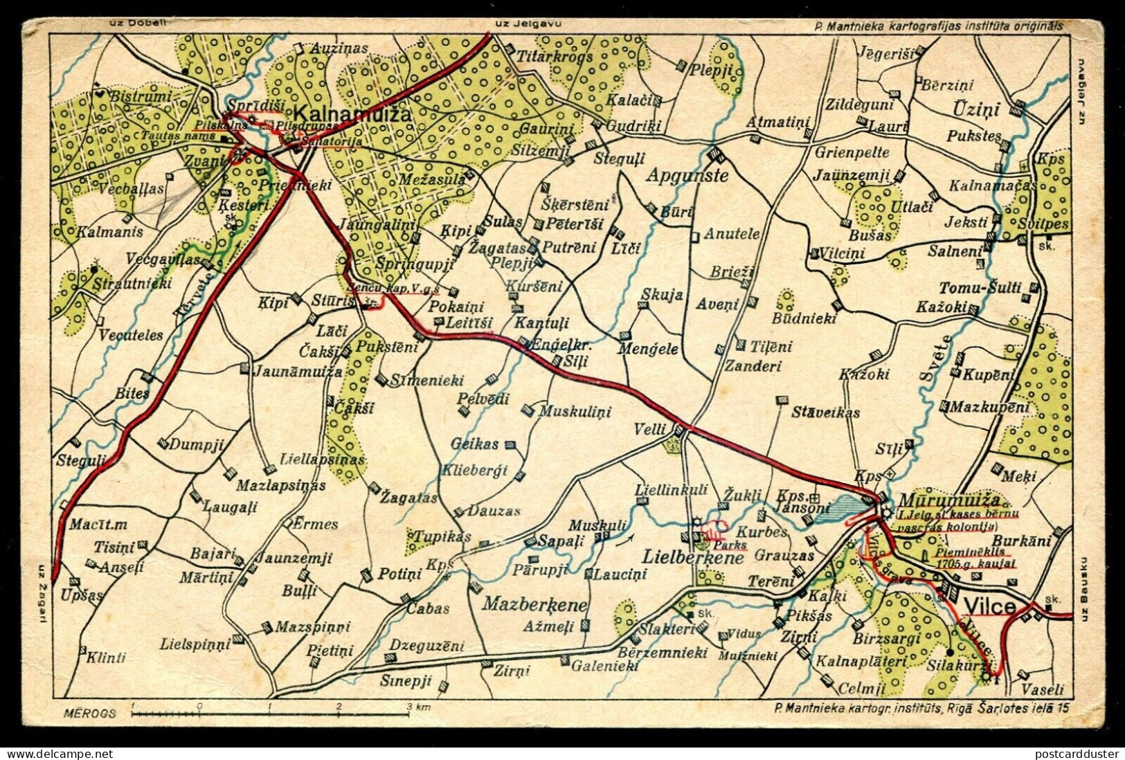 LATVIA Kalnamuiza Vilce Postcard 1930s Road Map #29 (h568) - Latvia