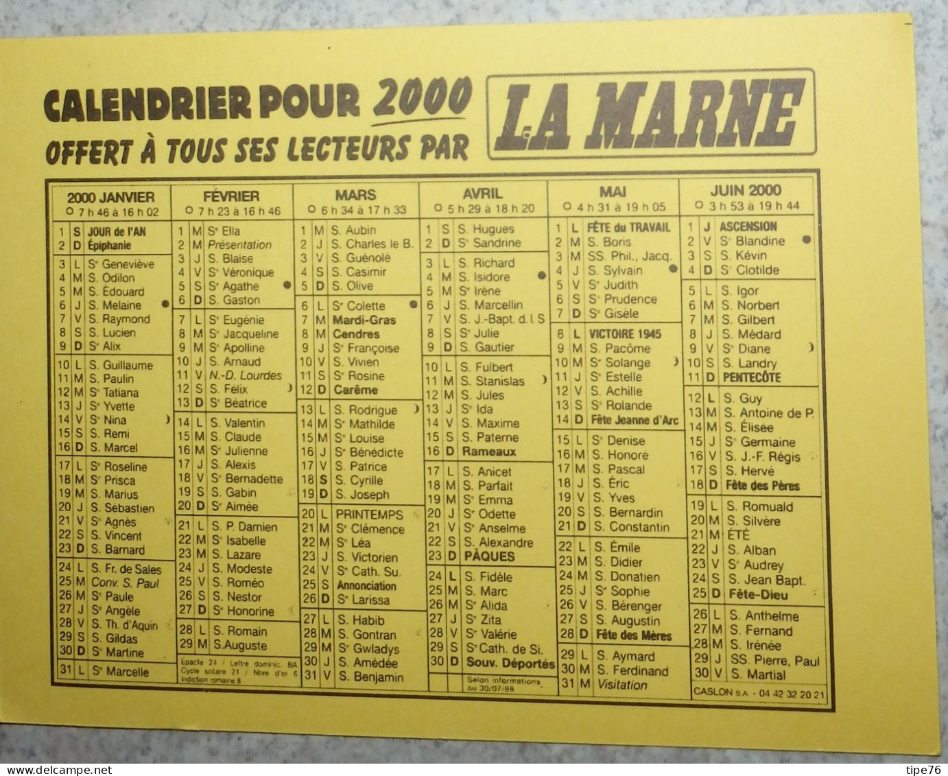 Petit Calendrier De Poche 2000 Journal La Marne - Petit Format : 1991-00