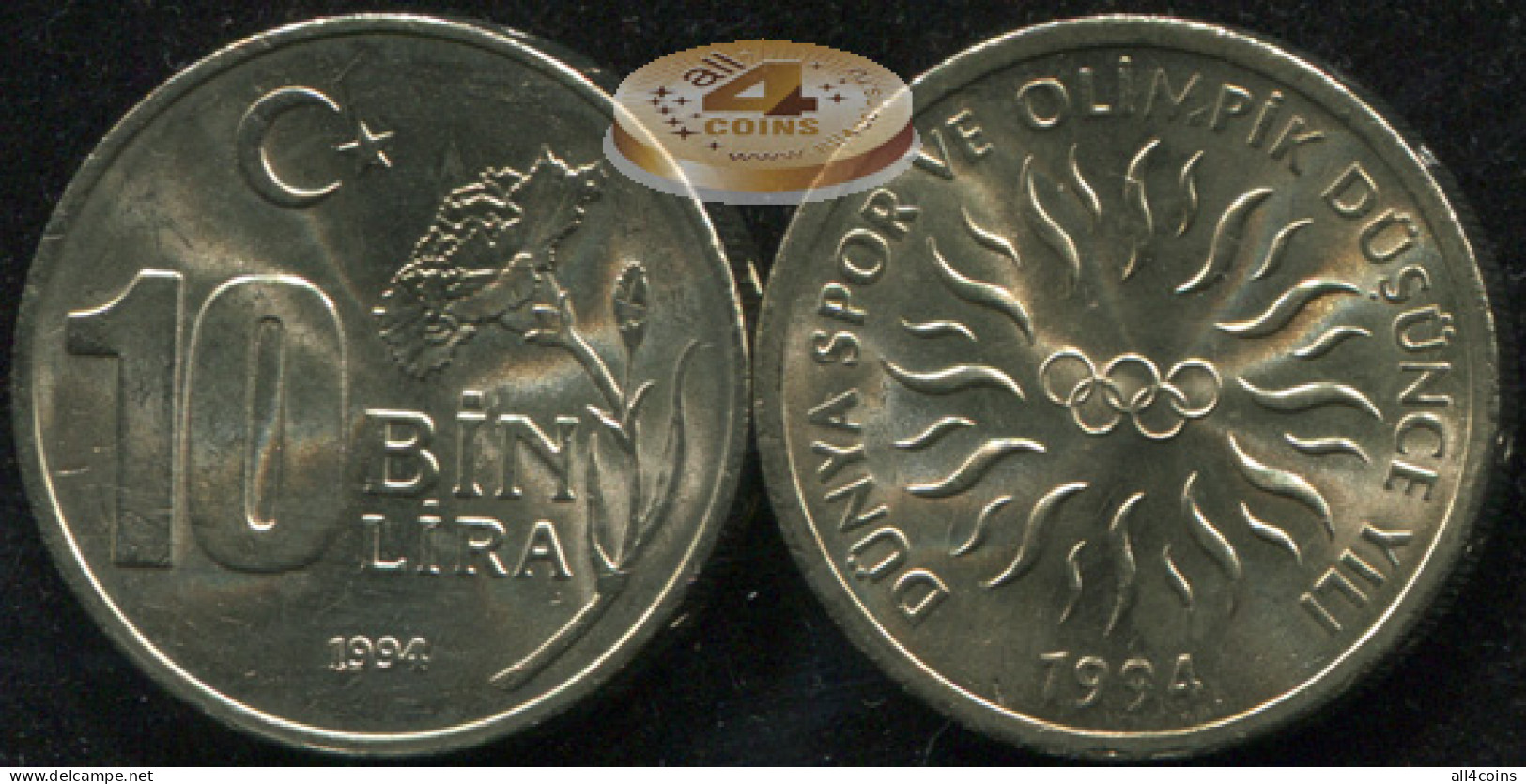 Turkey 10000 Türk Lirasi. 1994 (Coin KM#1042. Unc) 1994 Olympics - Türkei