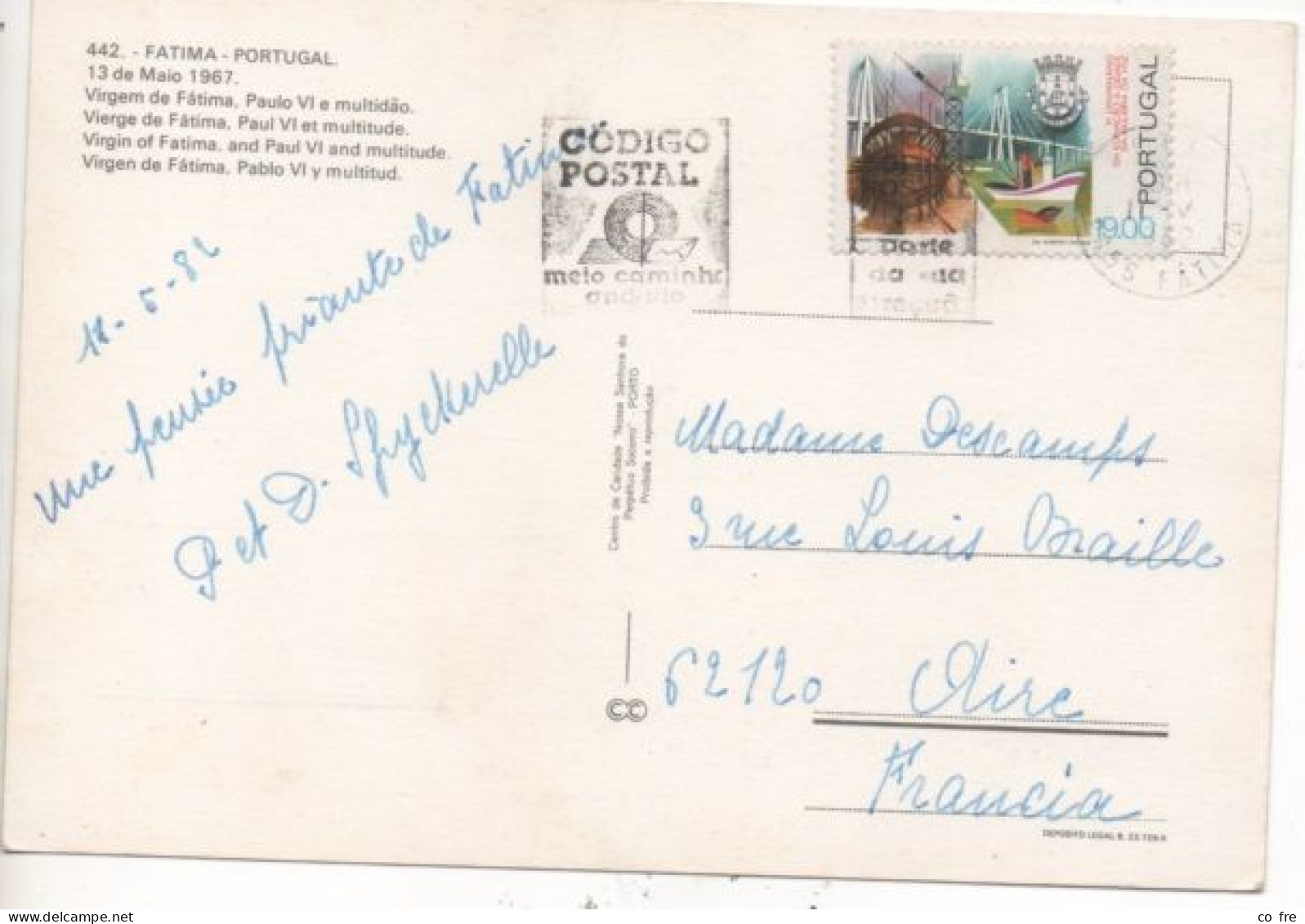 Portugal N°1535 Sur Carte Postale, Fatima, Paul VI - Briefe U. Dokumente