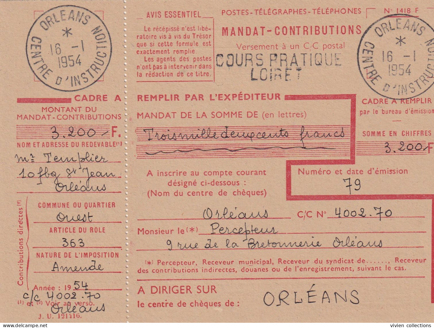 France Cours D'instruction Cours Pratique Orléans Loiret 1954 Mandat Contributions Pour Amende - Cours D'Instruction