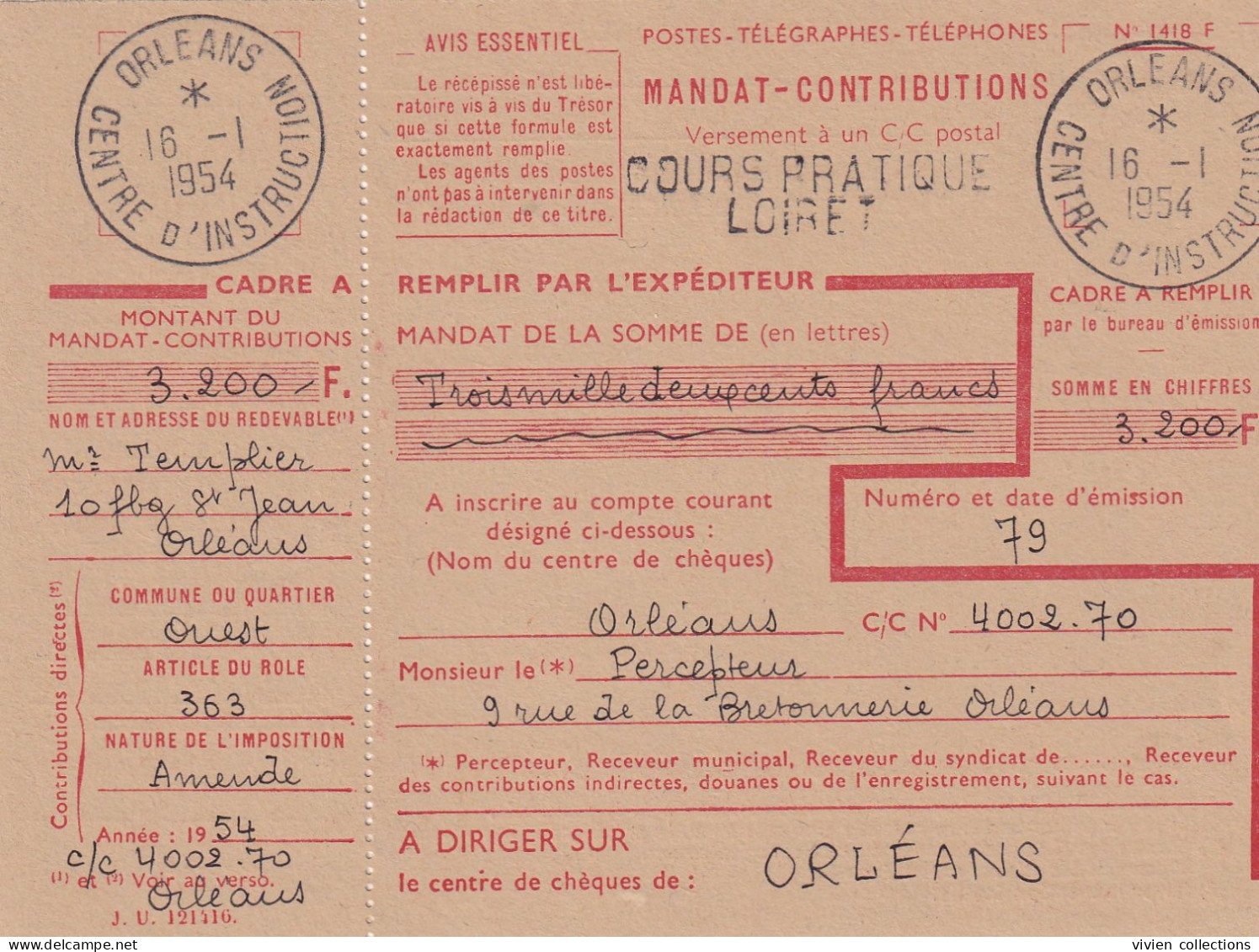 France Cours D'instruction Cours Pratique Orléans Loiret 1954 Mandat Contributions Pour Amende - Corsi Di Istruzione