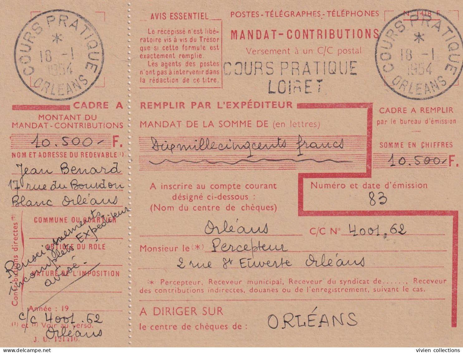 France Cours D'instruction Cours Pratique Orléans Loiret 1954 Mandat Contributions "renseignements Incomplets Exp Avisé" - Cours D'Instruction