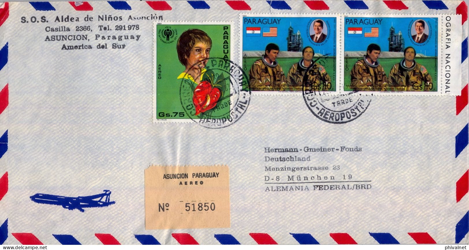 1982 PARAGUAY , ASUNCIÓN - MÜNICH , CERTIFICADO AEROPOSTAL , CORREO AÉREO , ESPACIO , SPACE , NIÑO , REAGAN - Paraguay