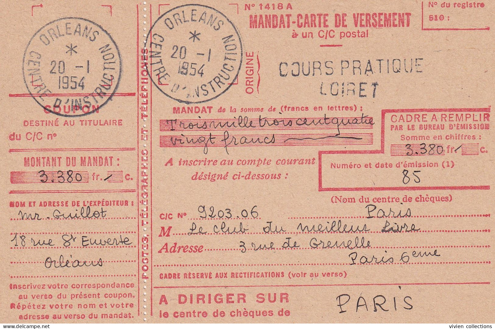France Cours D'instruction Cours Pratique Orléans Loiret 1954 Mandat Carte De Versement Chargé Pour Rue Grenelle Paris 6 - Cours D'Instruction