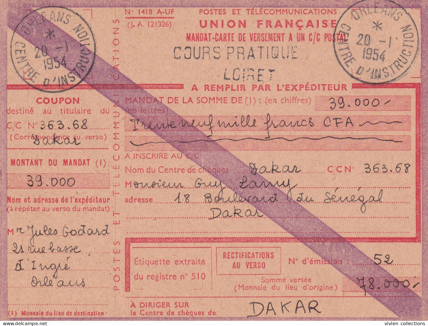 France Cours D'instruction Cours Pratique Orléans Loiret 1954 Mandat Carte De Versement Francs CFA Pour Dakar Sénégal - Lehrkurse