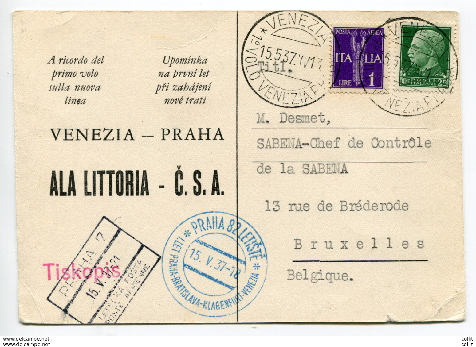 Venezia/Praga - Cartolina Ufficiale Del I° Volo Ala Littoria - Poststempel (Flugzeuge)