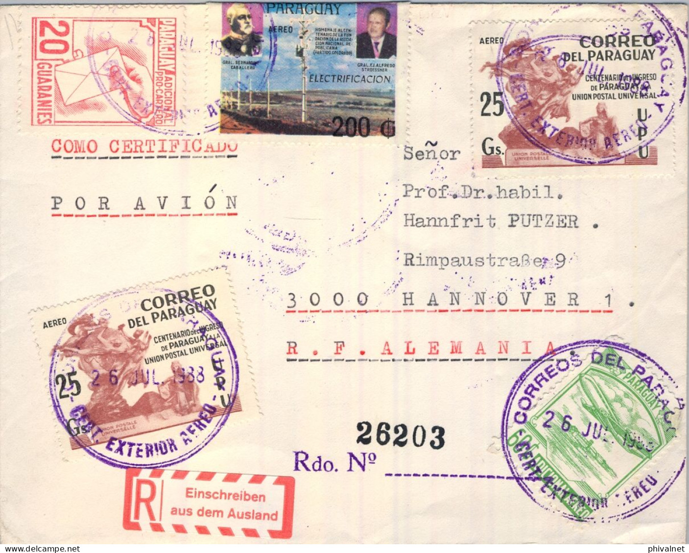 1988 PARAGUAY , ASUNCIÓN - HANNOVER , CERTIFICADO EXTERIOR AÉREO , ELECTRICIDAD , CONGRESO U.P.U. , PRO CARTERO - Paraguay
