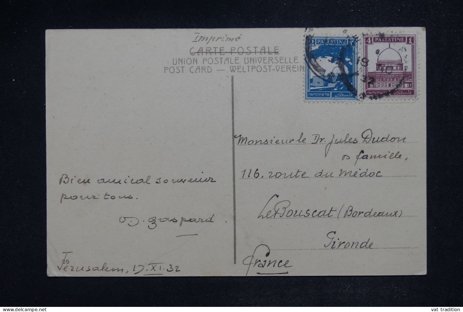 PALESTINE - CP De Jérusalem Pour La France - 1932 - A 2777 - Palästina