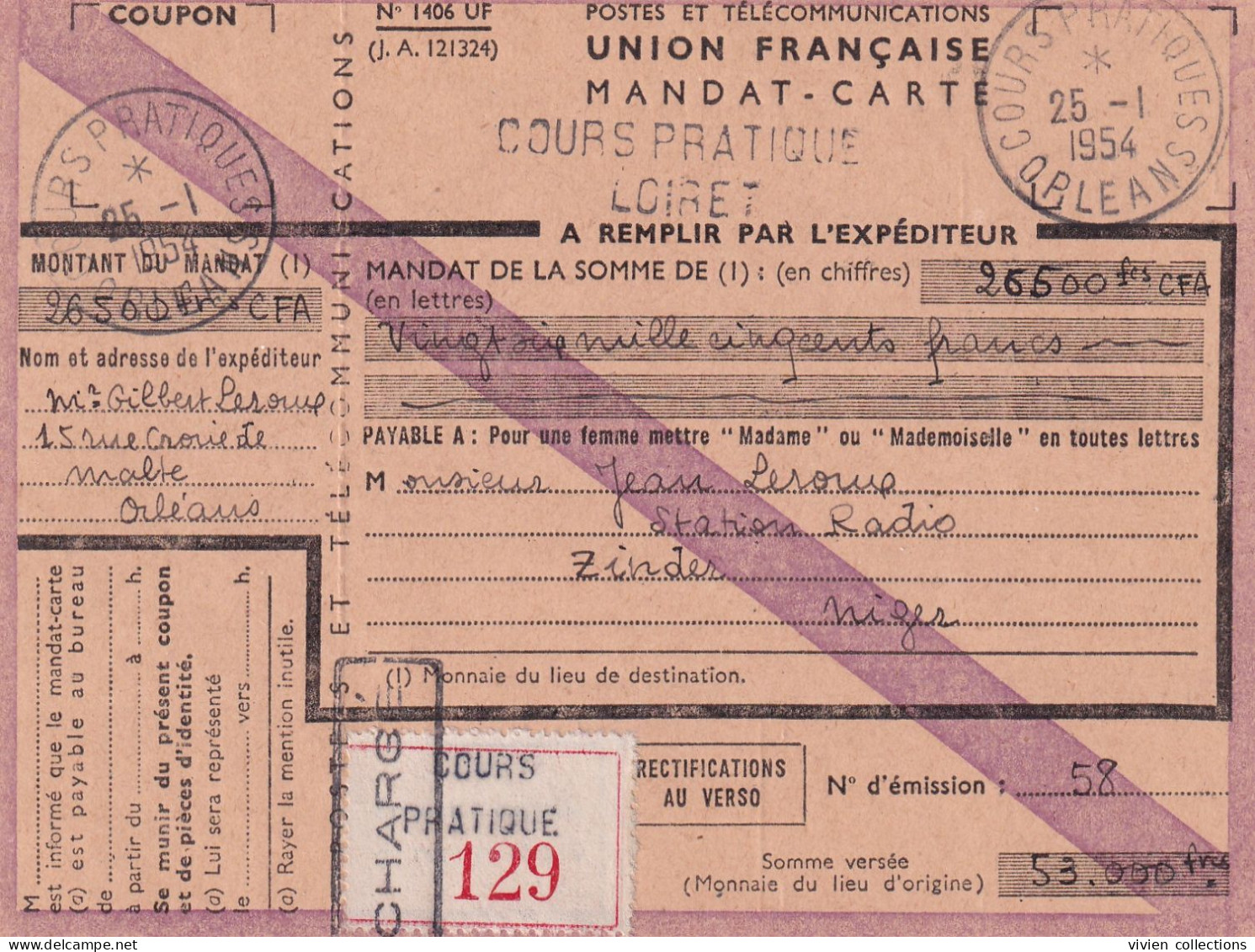 France Cours D'instruction Cours Pratique Orléans Loiret 1954 Mandat Carte Chargé Pour Zinder Au Niger - Corsi Di Istruzione