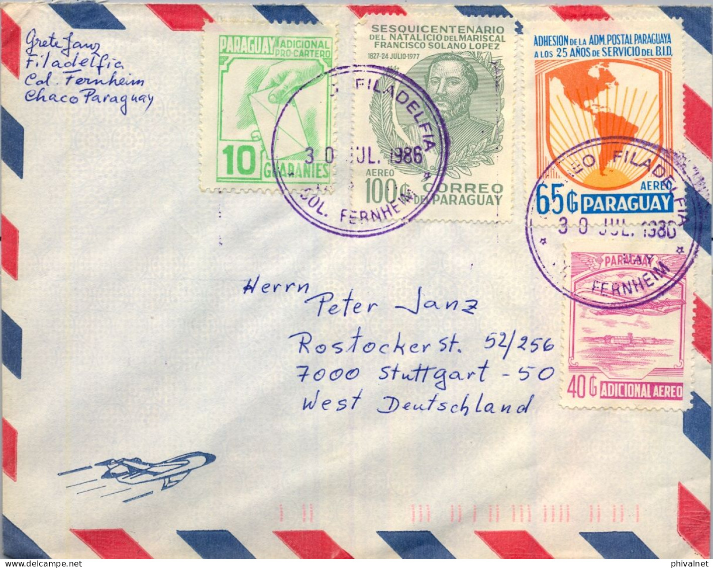 1986 PARAGUAY , FILADELFIA / COL. FERNHEIM - STUTTGART , CORREO AÉREO , FRANCISCO SOLANO , PRO CARTERO , ADICIONAL AÉREO - Paraguay