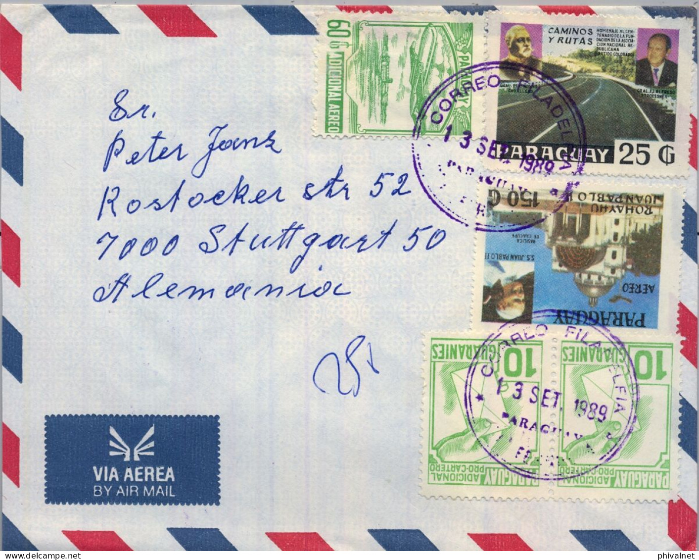 1989 PARAGUAY , FILADELFIA / COL. FERNHEIM - STUTTGART , CORREO AÉREO , STROESSNER , CAMINOS , JUAN PABLO II , CARTERO - Paraguay