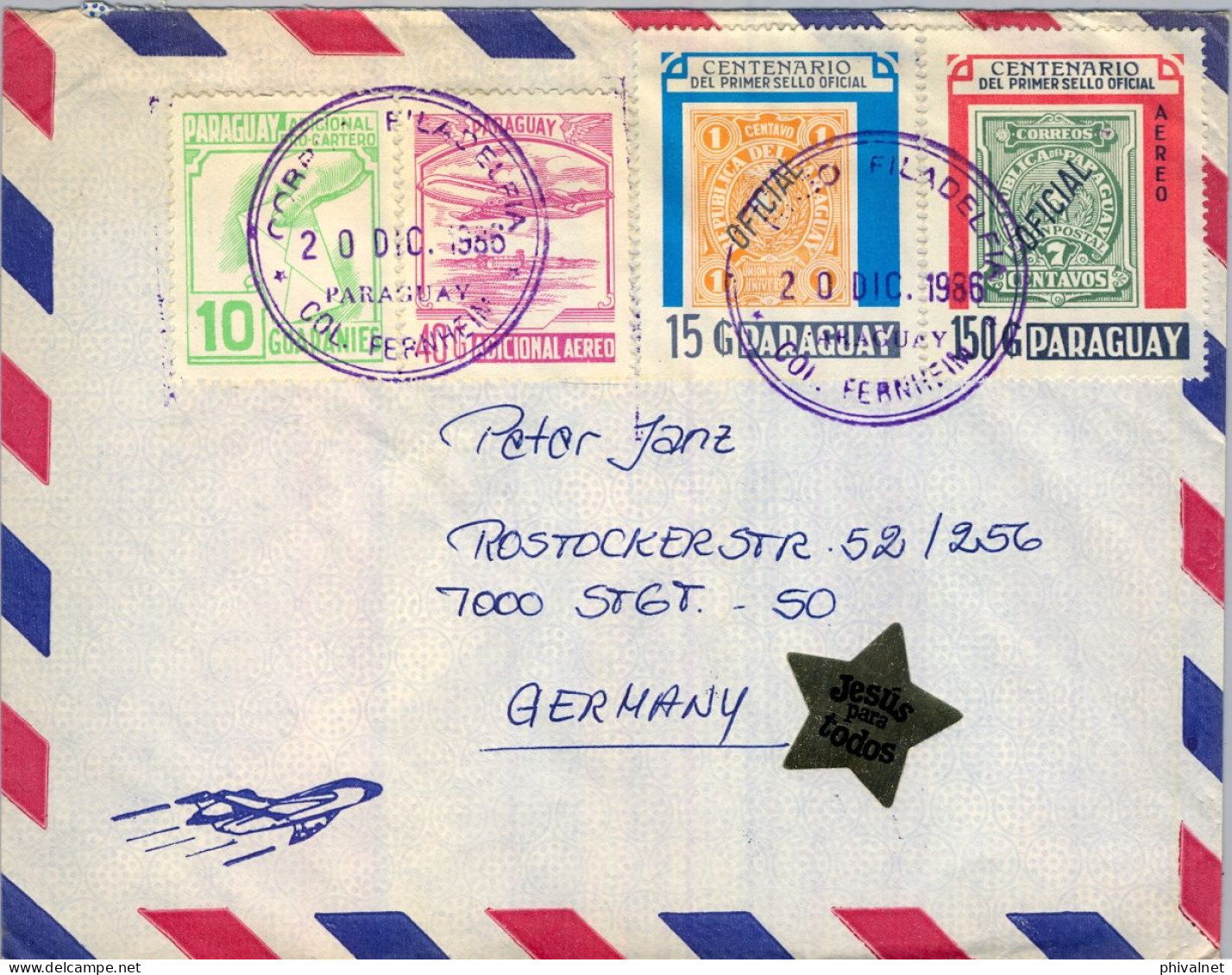 1986 PARAGUAY , FILADELFIA / COL. FERNHEIM - STUTTGART , CORREO AÉREO , ADICIONAL AÉREO , CENT. PRIMER SELLO POSTAL - Paraguay