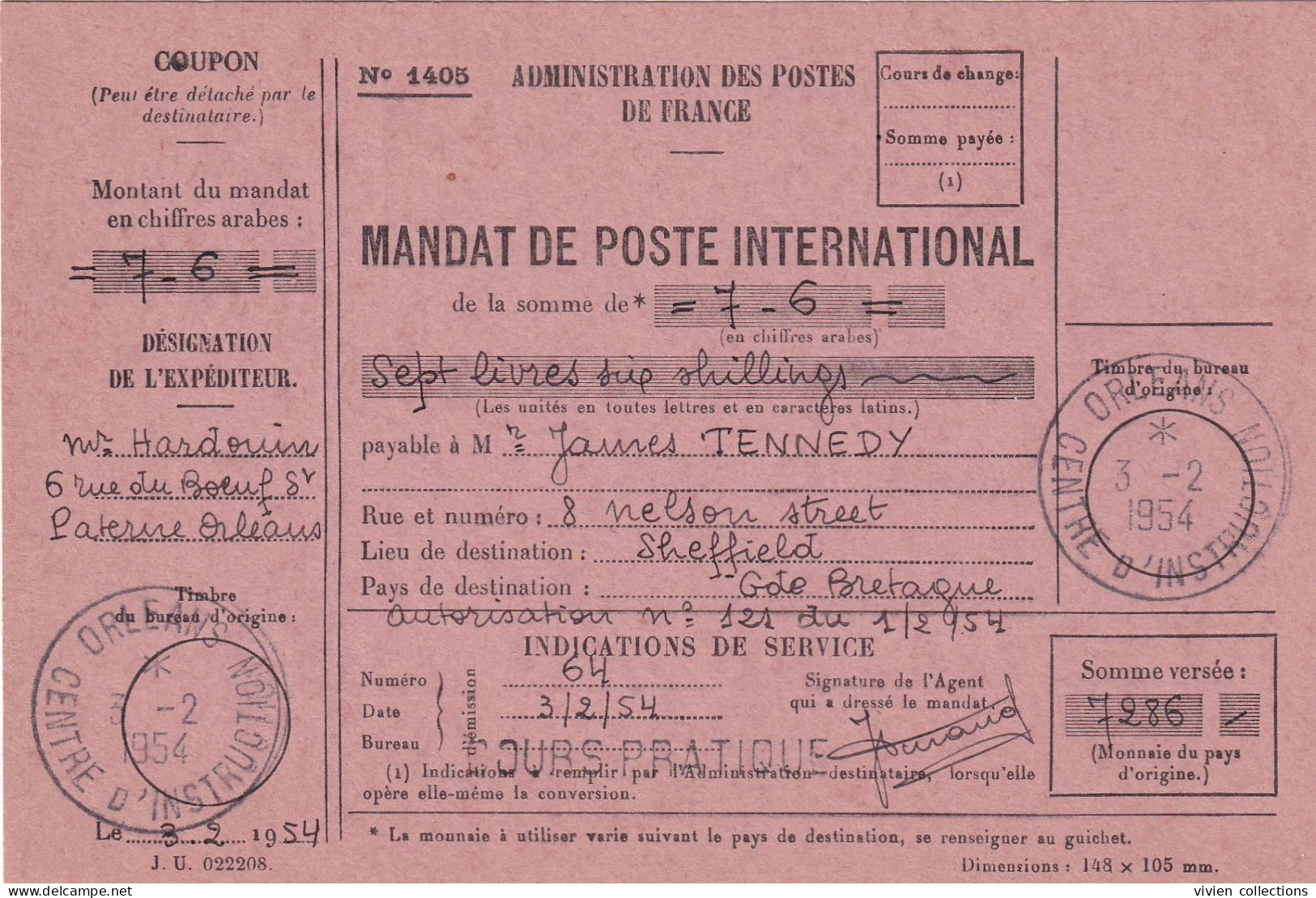 France Cours D'instruction Cours Pratique Orléans Loiret 1954 Mandat Poste International Pour Sheffield Grande Bretagne - Instructional Courses