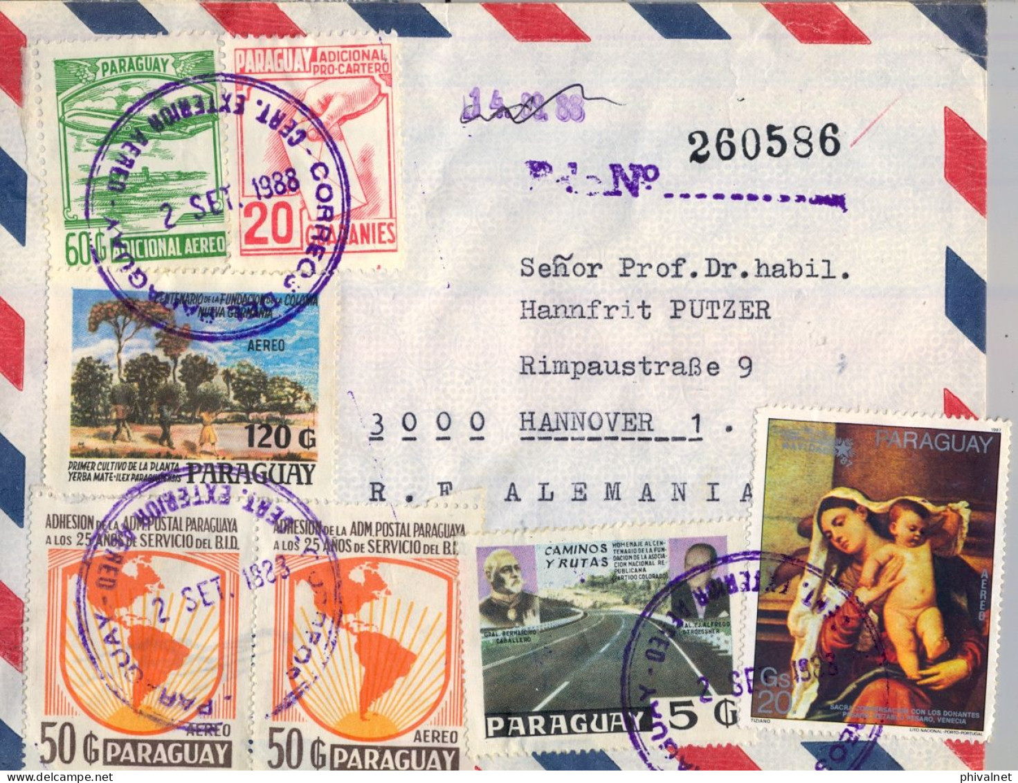 1988 PARAGUAY , ASUNCIÓN - HANNOVER , CERTIFICADO EXTERIOR AÉREO , YERBA MATE , ADICIONAL , CAMINOS Y RUTAS , PINTURA - Paraguay