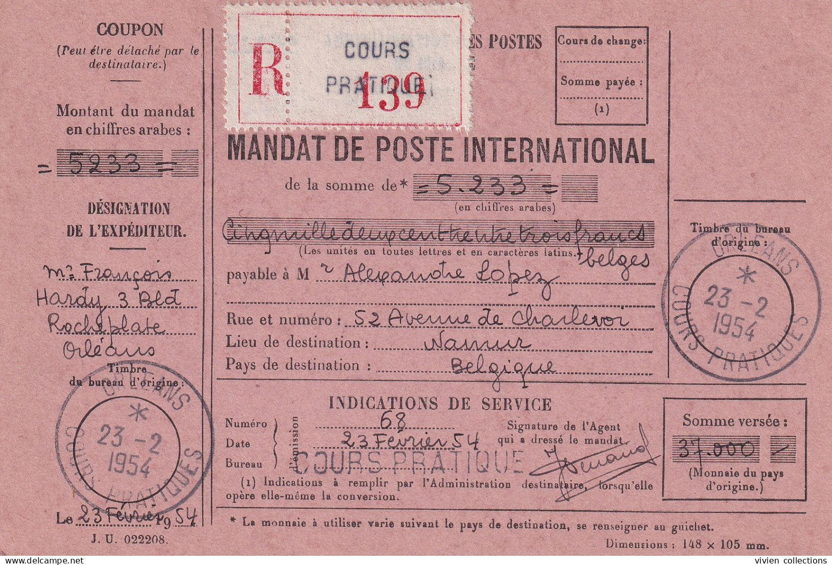France Cours D'instruction Cours Pratique Orléans Loiret 1954 Mandat Poste International Recommandé Pour La Belgique - Cours D'Instruction