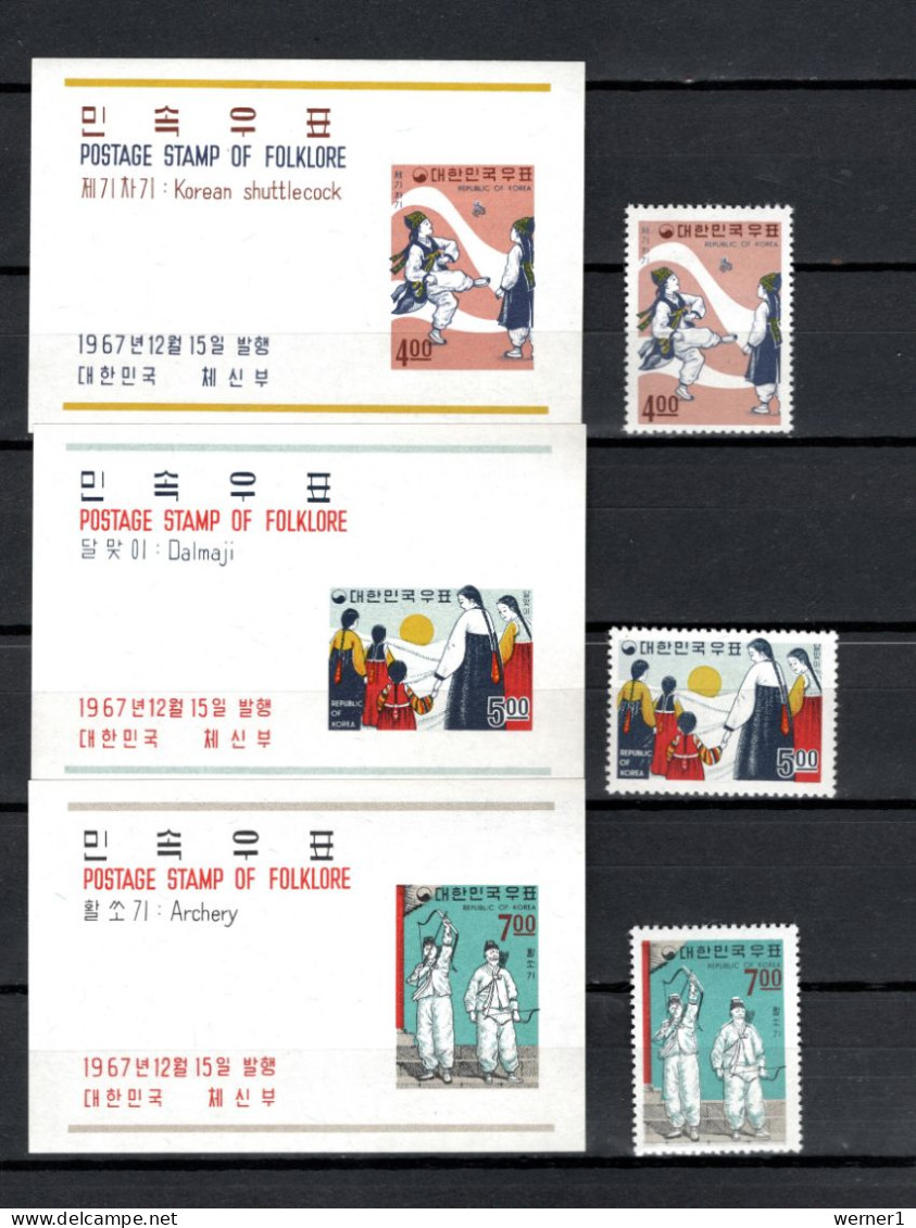 South Korea 1967 Michel 601-603, Block 267-269 Folklore Set Of 3 + 3 S/s MNH - Corea Del Sur