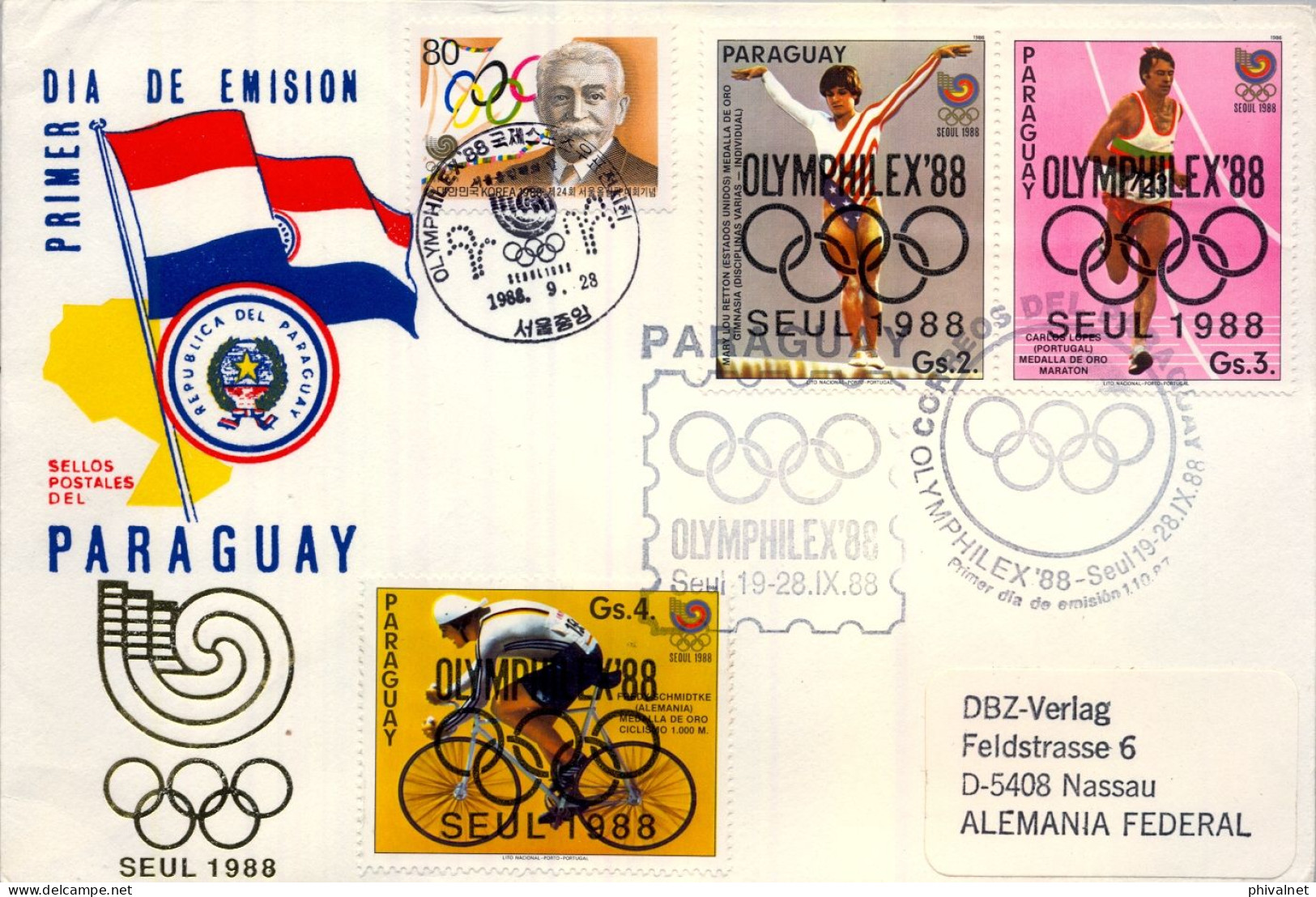 1988 PARAGUAY , PRIMER DIA , OLYMPHILEX 88 , DEPORTE , KOREA , CICLISMO , ATLETISMO , COUBERTAIN - Paraguay