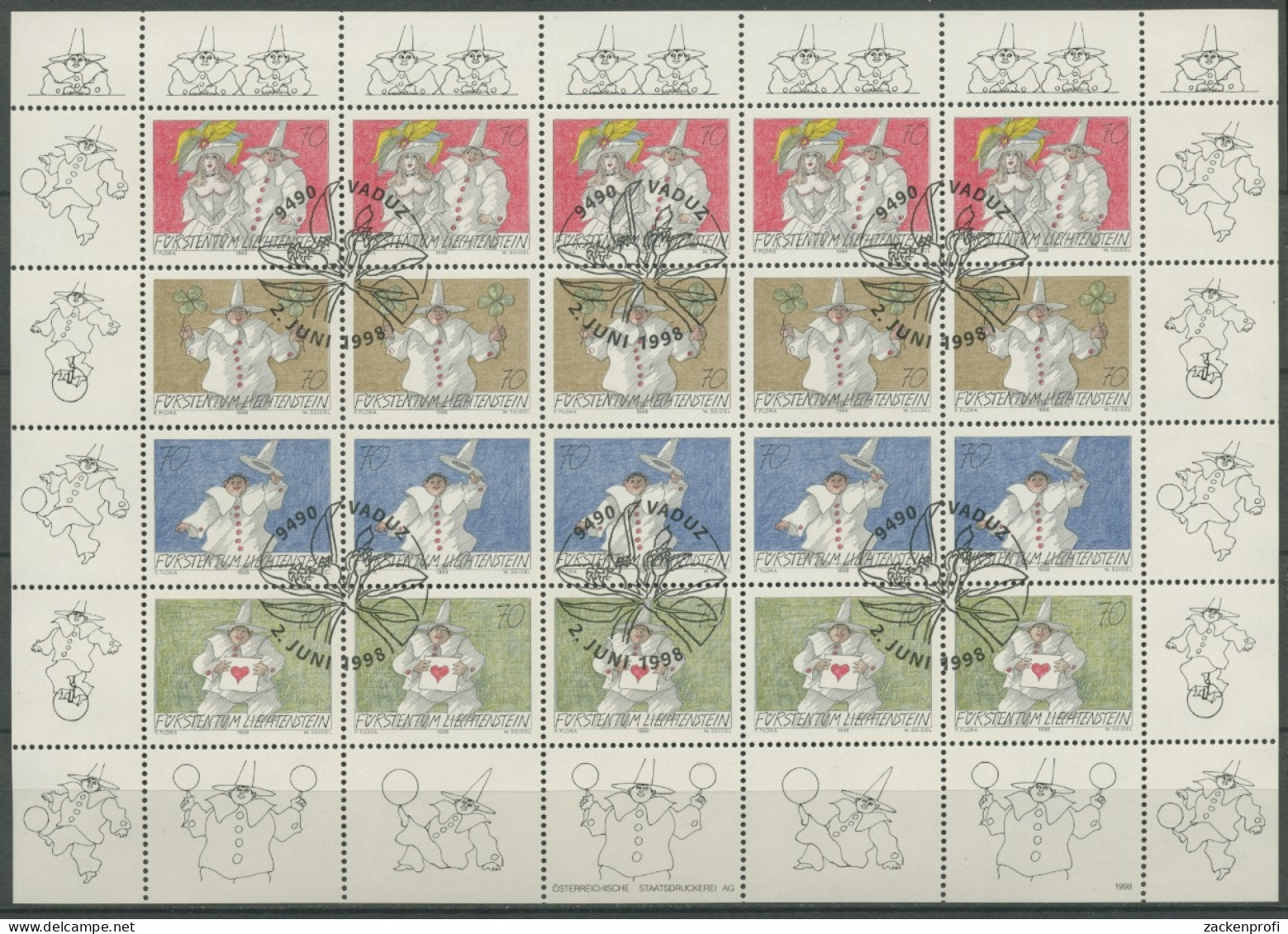 Liechtenstein 1998 Grußmarken 1173/76 ZD-Bogen Gestempelt (C16342) - Blocks & Sheetlets & Panes