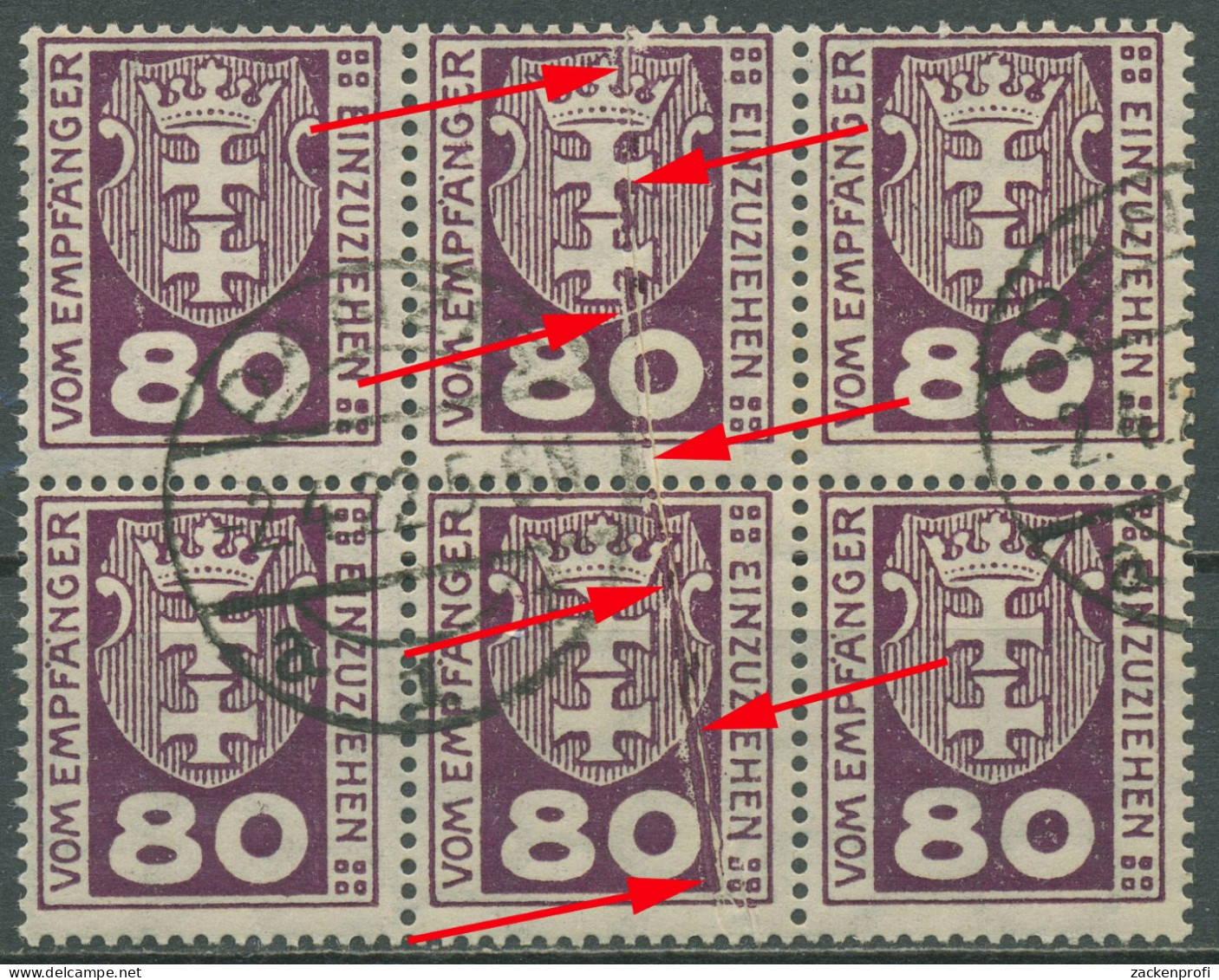 Danzig Portomarken 1921 Wappen P 6 6er-Block M. Markanter Papierfalte Gestempelt - Postage Due