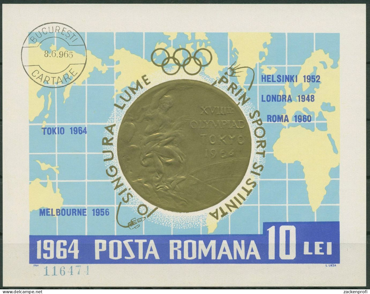 Rumänien 1964 Olympische Spiele Tokio Goldmedaille Block 59 Gestempelt (C92129) - Hojas Bloque