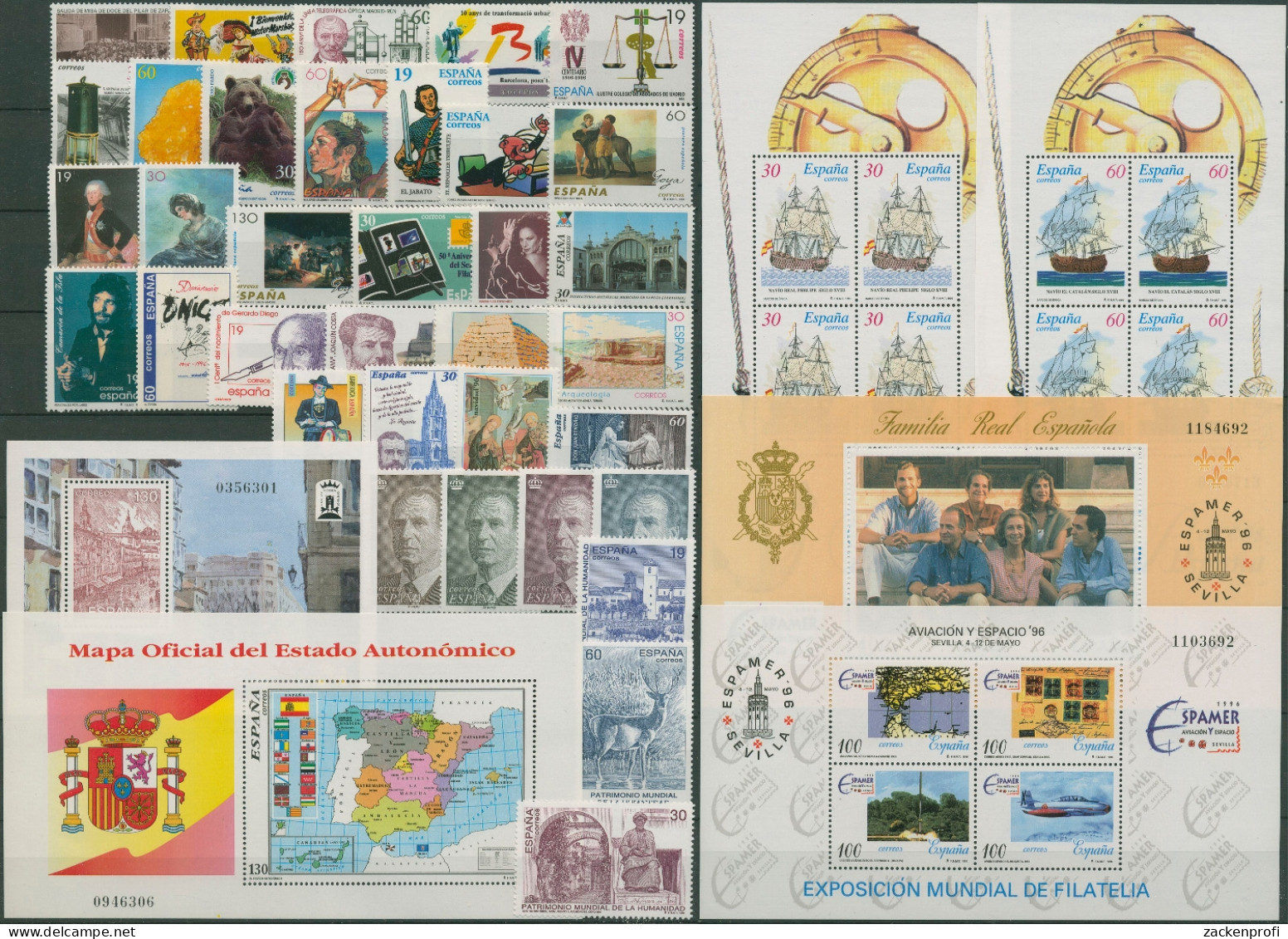 Spanien 1996 Jahrgang Komplett 3257/09, Bl. 62/67 Postfrisch (SG97572) - Volledige Jaargang