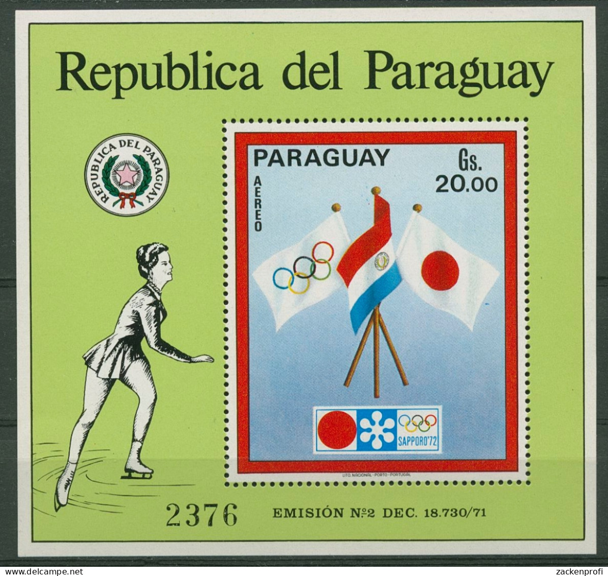 Paraguay 1972 Olympiade Sapporo Flaggen Block 178 Postfrisch (C19587) - Paraguay