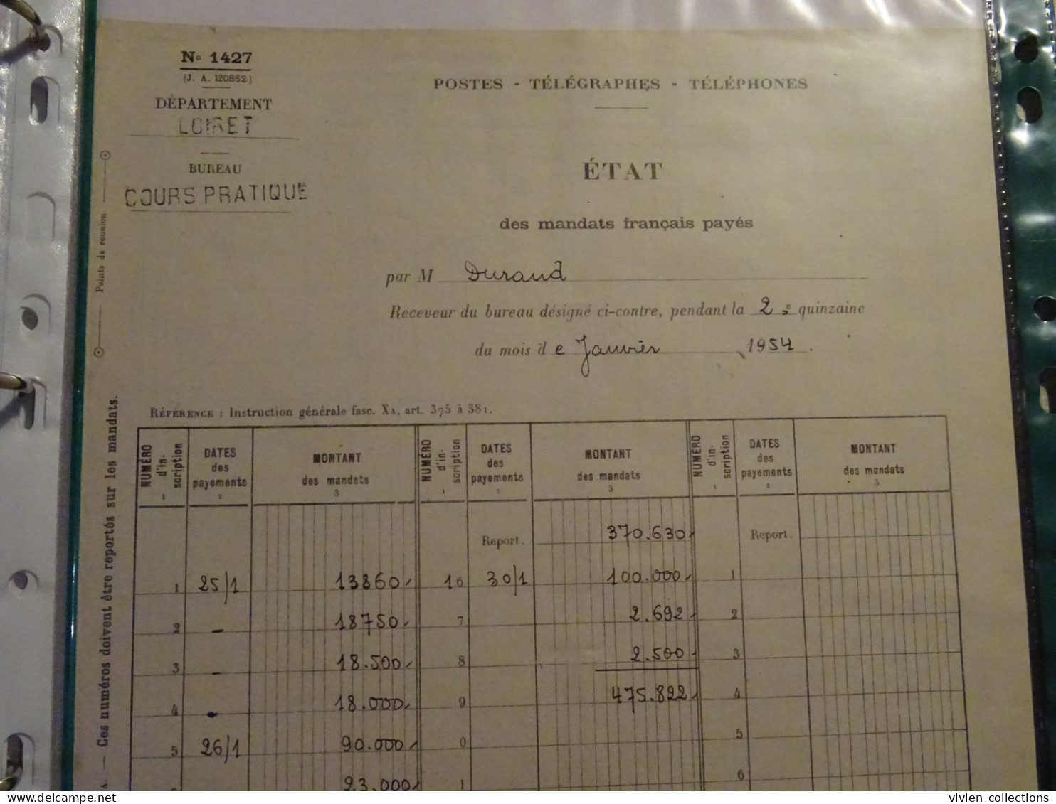 France Cours D'instruction Cours Pratique Orléans Loiret 1954 état Des Mandats Français Payés Signé Du Receveur - Cursussen