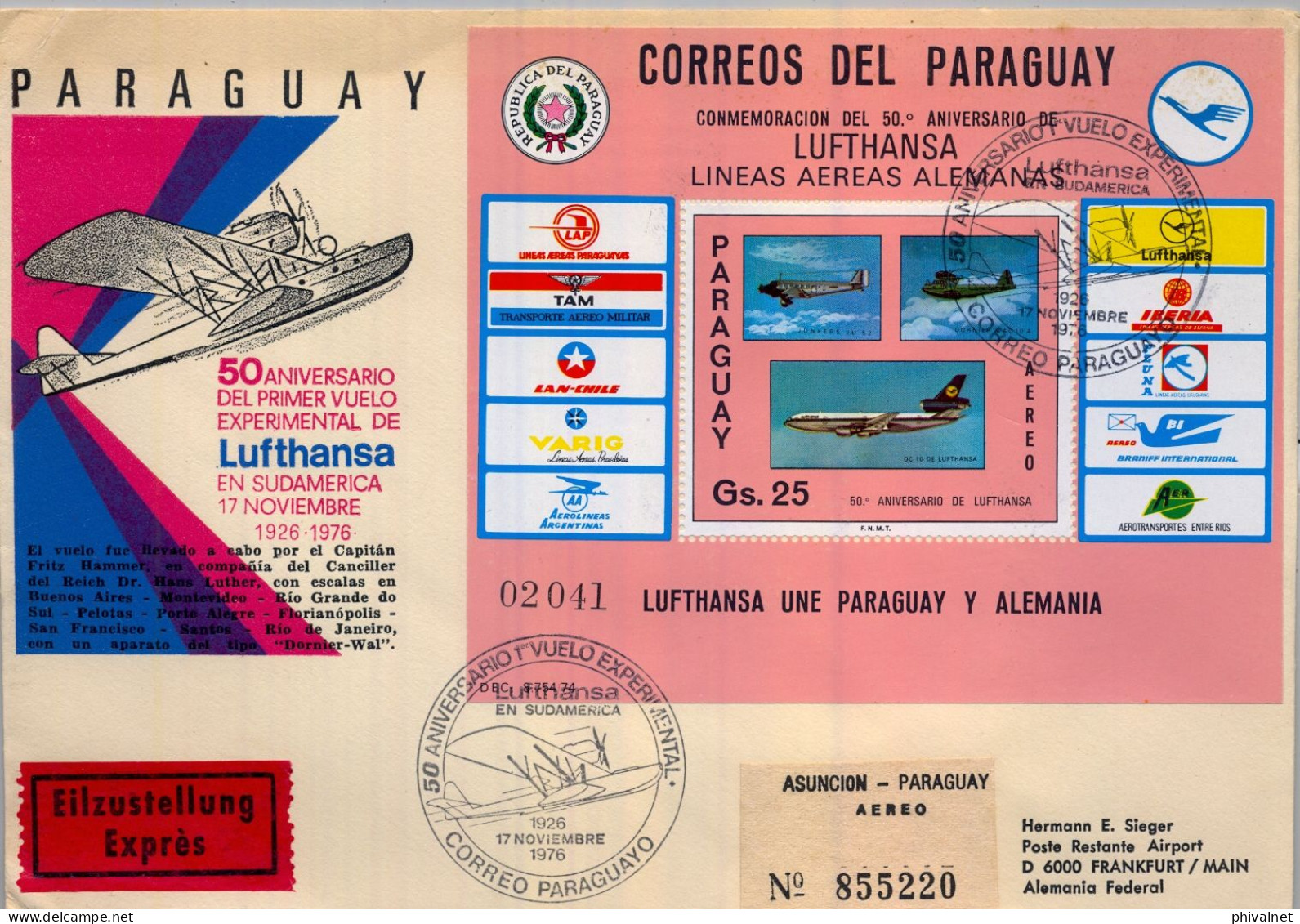 1976 PARAGUAY , 50 ANIVERSARIO 1º VUELO EXPERIMENTAL LUFTHANSA EN SUDAMÉRICA , LÍNEAS AÉREAS ALEMANAS - Paraguay