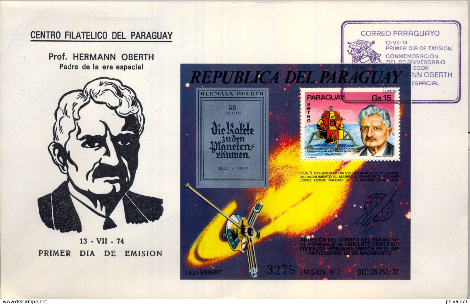 1974 PARAGUAY , PROF. HERMANN OBERTH , PADRE DE LA ERA ESPACIAL , PRIMER DIA , ESPACIO , ASTROFILATELIA - Paraguay