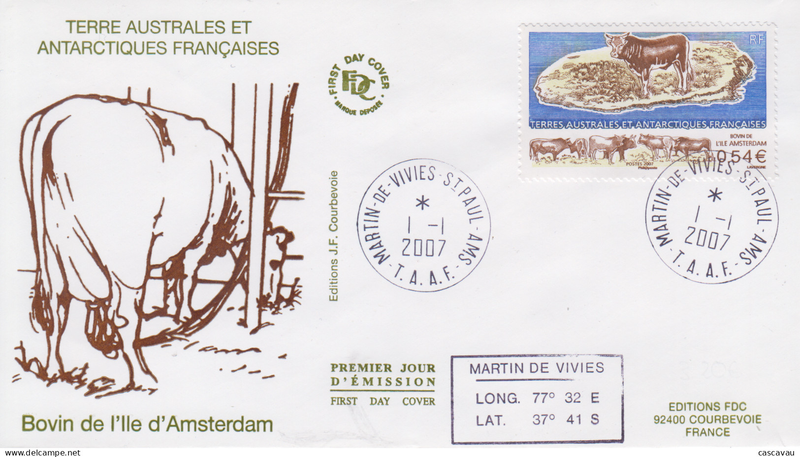 Enveloppe  FDC  1er  Jour   T.A.A.F    Bovins  De  L' Ile  AMSTERDAM     2007 - FDC