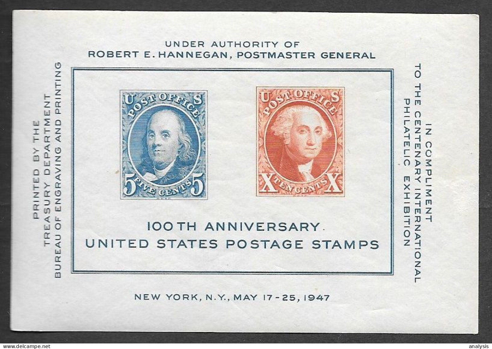 USA 100th Anniversary Of US Postage Stamps S/ Sheet 1947 MNH - Ungebraucht