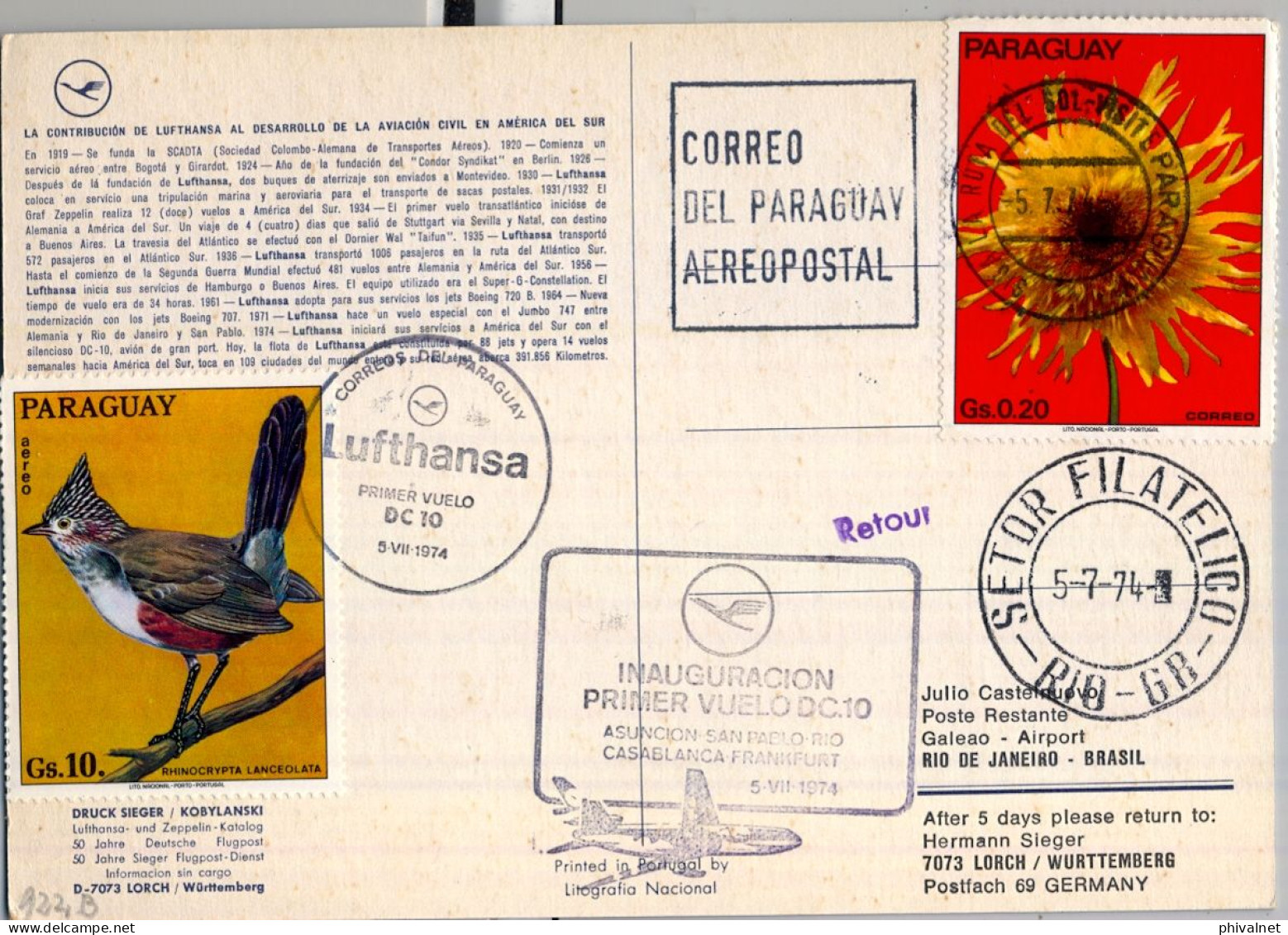 1974 PARAGUAY , LUFTHANSA , FIRST FLIGHT , PRIMER VUELO , ASUNCIÓN - SAN PABLO , RIO , CASABLANCA , FRANKFURT - Paraguay