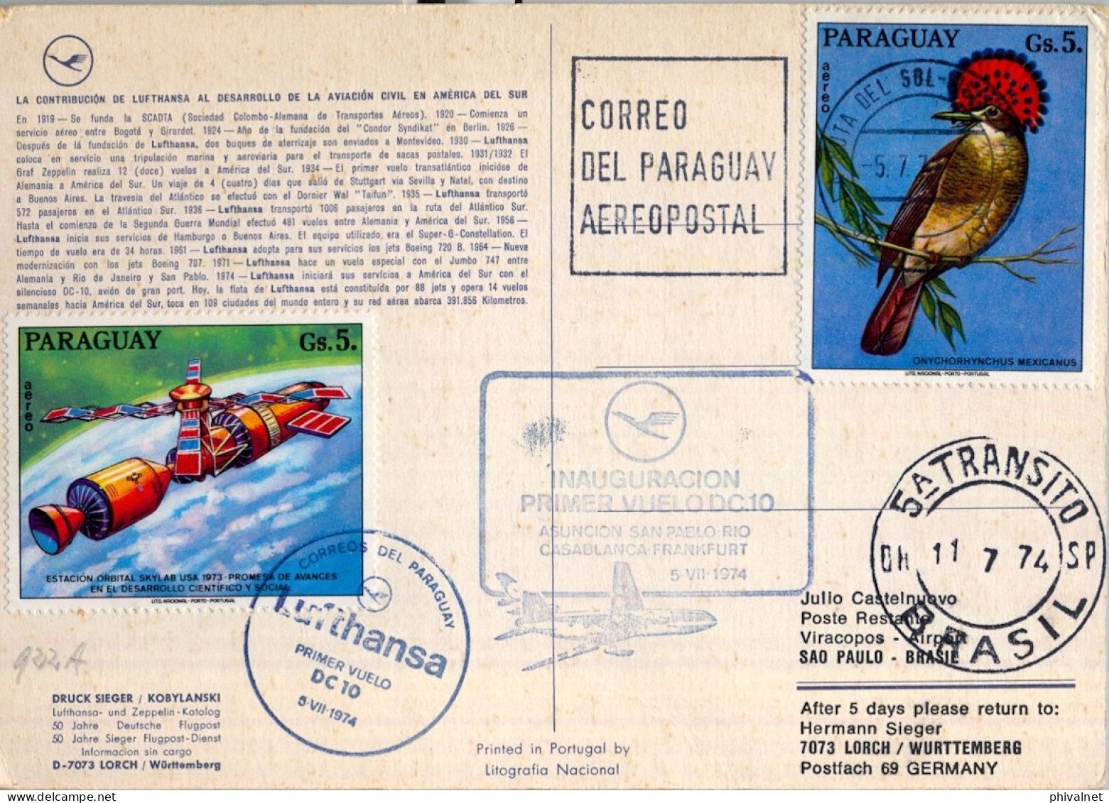 1974 PARAGUAY , LUFTHANSA , FIRST FLIGHT , PRIMER VUELO , ASUNCIÓN - SAN PABLO , RIO , CASABLANCA , FRANKFURT - Paraguay