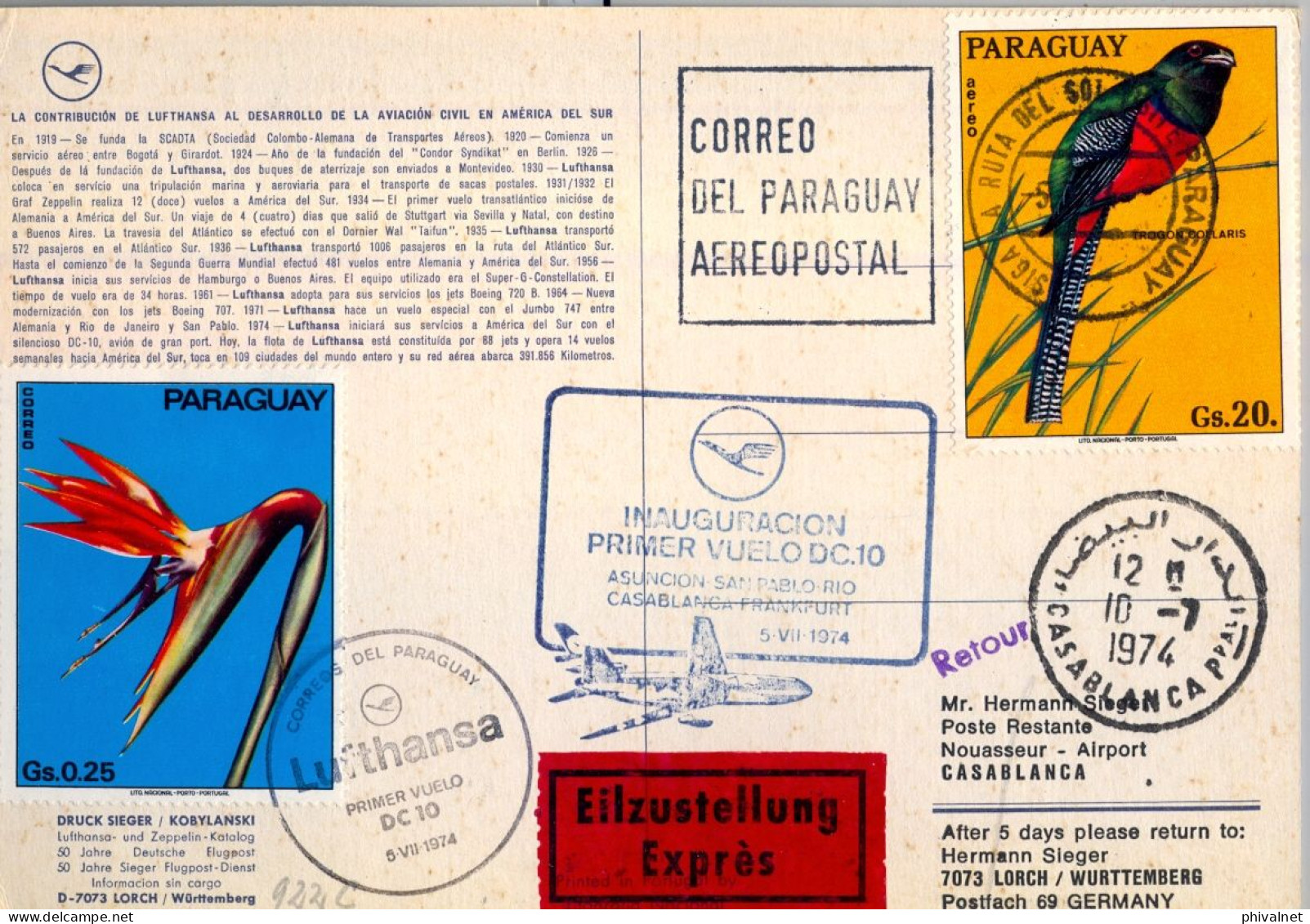 1974 PARAGUAY , LUFTHANSA , FIRST FLIGHT , PRIMER VUELO , ASUNCIÓN - SAN PABLO , RIO , CASABLANCA , FRANKFURT - Paraguay