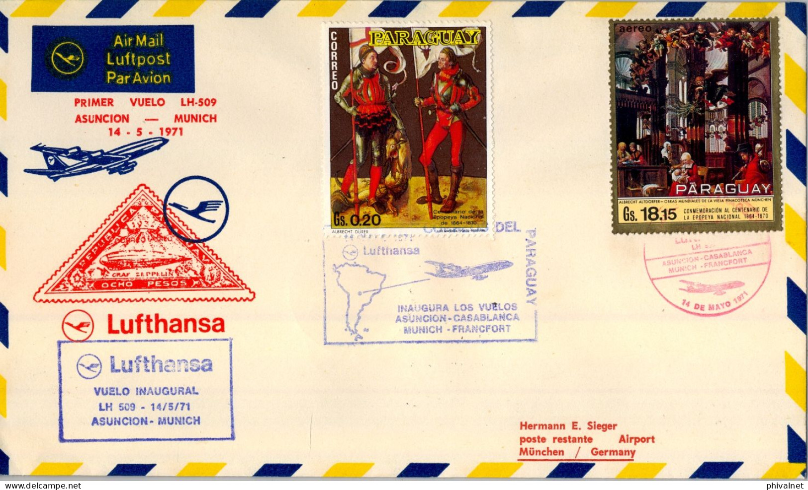 1971 PARAGUAY , LUFTHANSA , FIRST FLIGHT , PRIMER VUELO , ASUNCIÓN , CASABLANCA , MÜNICH , FRANKFURT - Paraguay