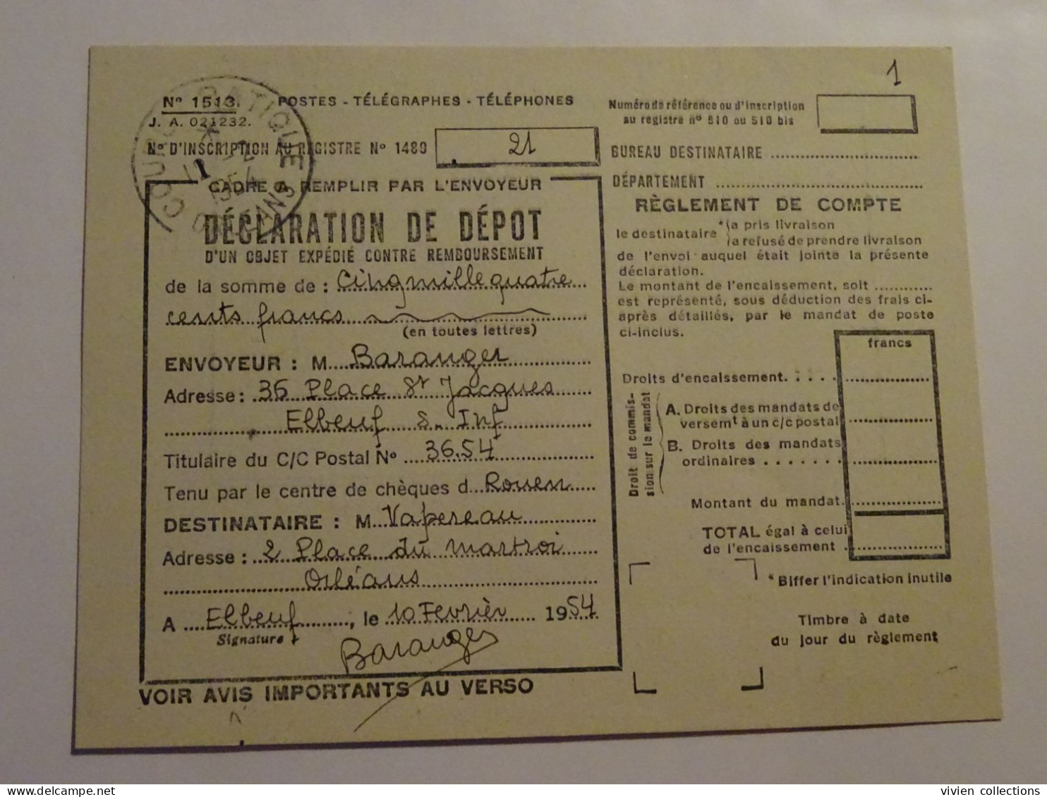 France Cours D'instruction Pratique Orléans 1954 Bordereau Déclaration Et Dépôt Contre Remboursement Elbeuf Et Montargis - Corsi Di Istruzione