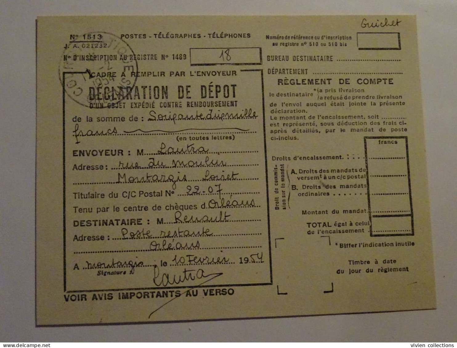 France Cours D'instruction Pratique Orléans 1954 Bordereau Déclaration Et Dépôt Contre Remboursement Elbeuf Et Montargis - Lehrkurse