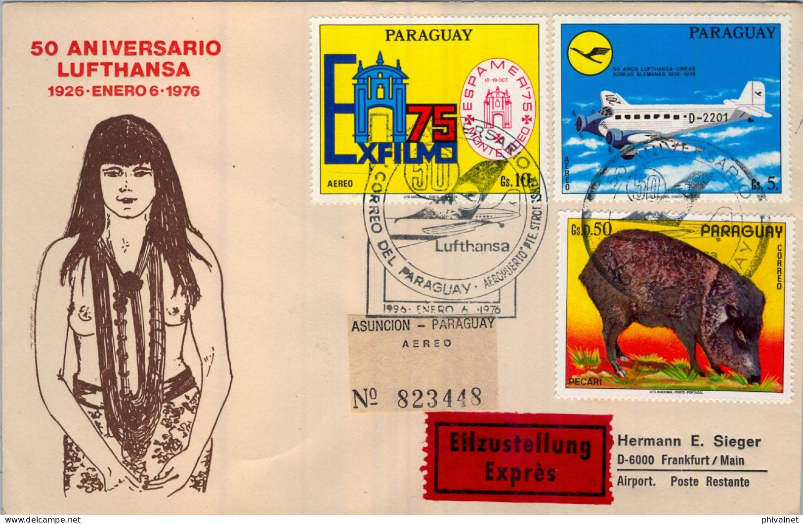 1976 PARAGUAY , LUFTHANSA , 50 ANIVERSARIO , SOBRE CONMEMORATIVO  , CIRCULADO , LLEGADA  AL DORSO - Paraguay