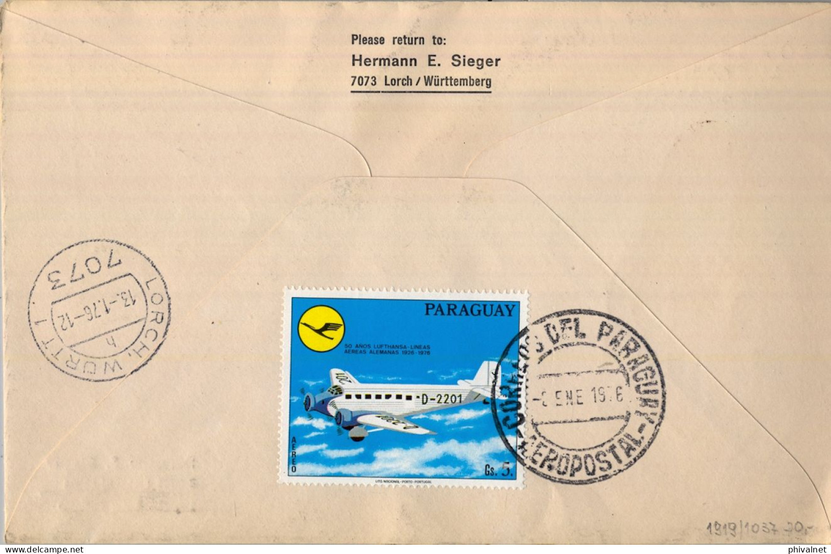 1976 PARAGUAY , LUFTHANSA , 50 ANIVERSARIO , SOBRE CONMEMORATIVO  , CIRCULADO , LLEGADA  AL DORSO - Paraguay