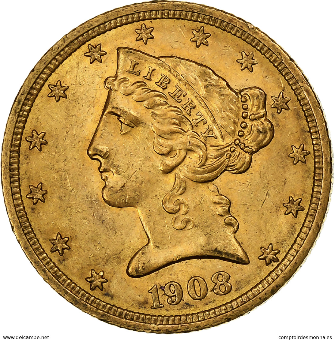 États-Unis, $5, Half Eagle, Coronet Head, 1908, Philadelphie, Or, SUP, KM:101 - 5$ - Half Eagle - 1866-1908: Coronet Head