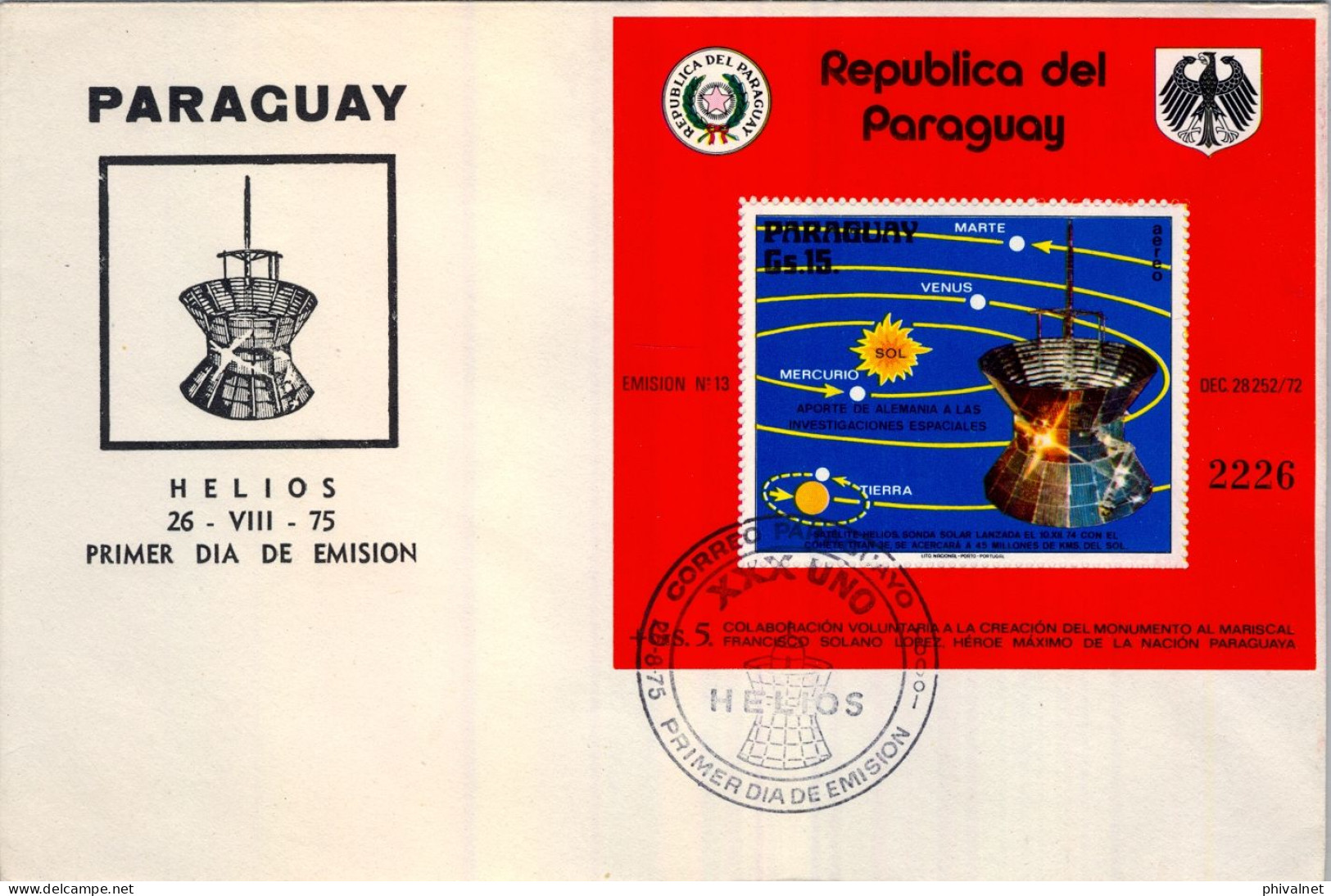 1975 PARAGUAY , PRIMER DIA , FIRST DAY , SATÉLITE HELIOS , ESPACIO , SPACE , ASTROFILATELIA - Paraguay