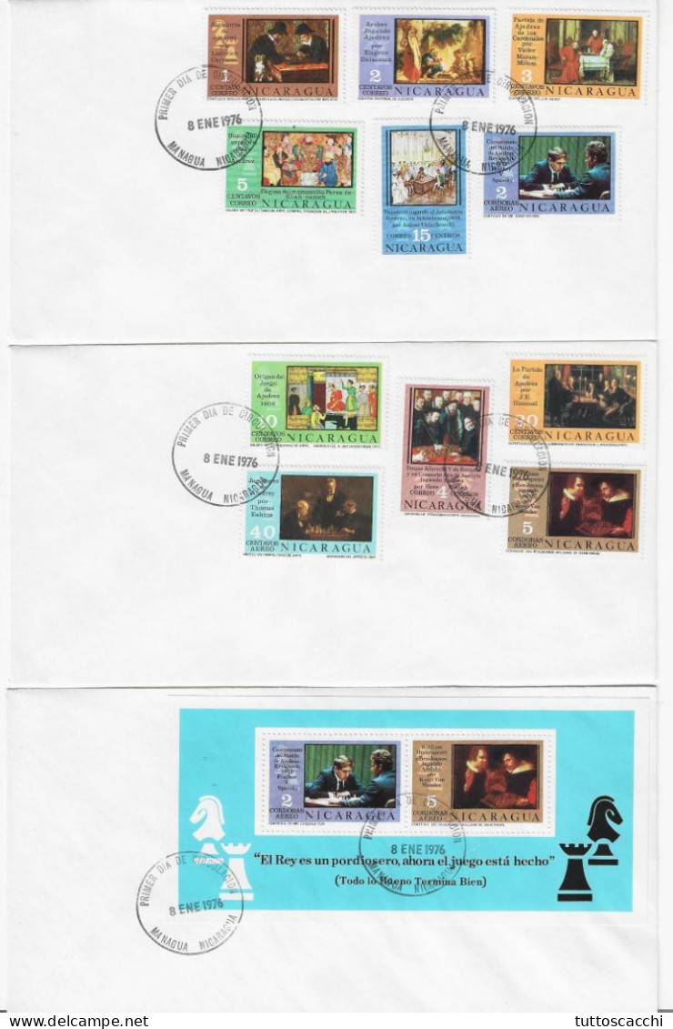 CHESS FDC Nicaragua 1976 - 3 Envelopes, Stamps + Sheet, Perforated, Black Cancel On Spanish - Scacchi