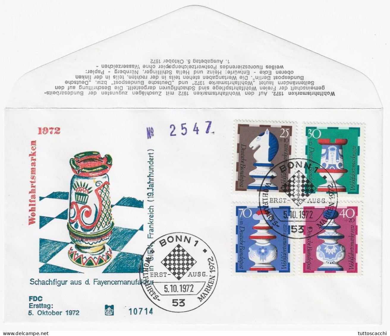 CHESS FDC Germany 1972, Bonn - Rook Design In Relief, Written On The Back In Grey - Ajedrez