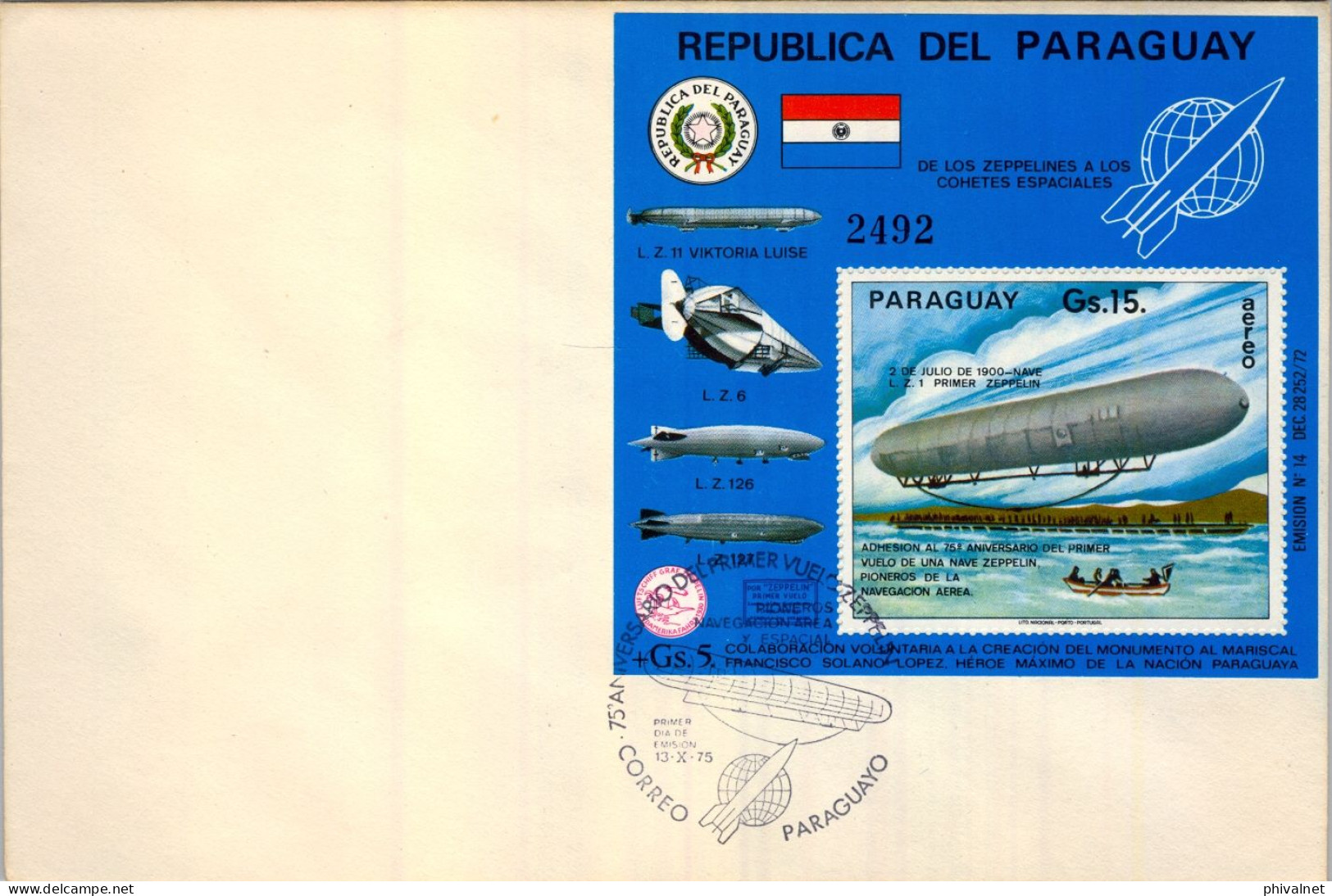 1975 PARAGUAY , PRIMER DIA , FIRST DAY , 75 ANIVERSARIO DEL PRIMER VUELO EN ZEPPELIN - Paraguay