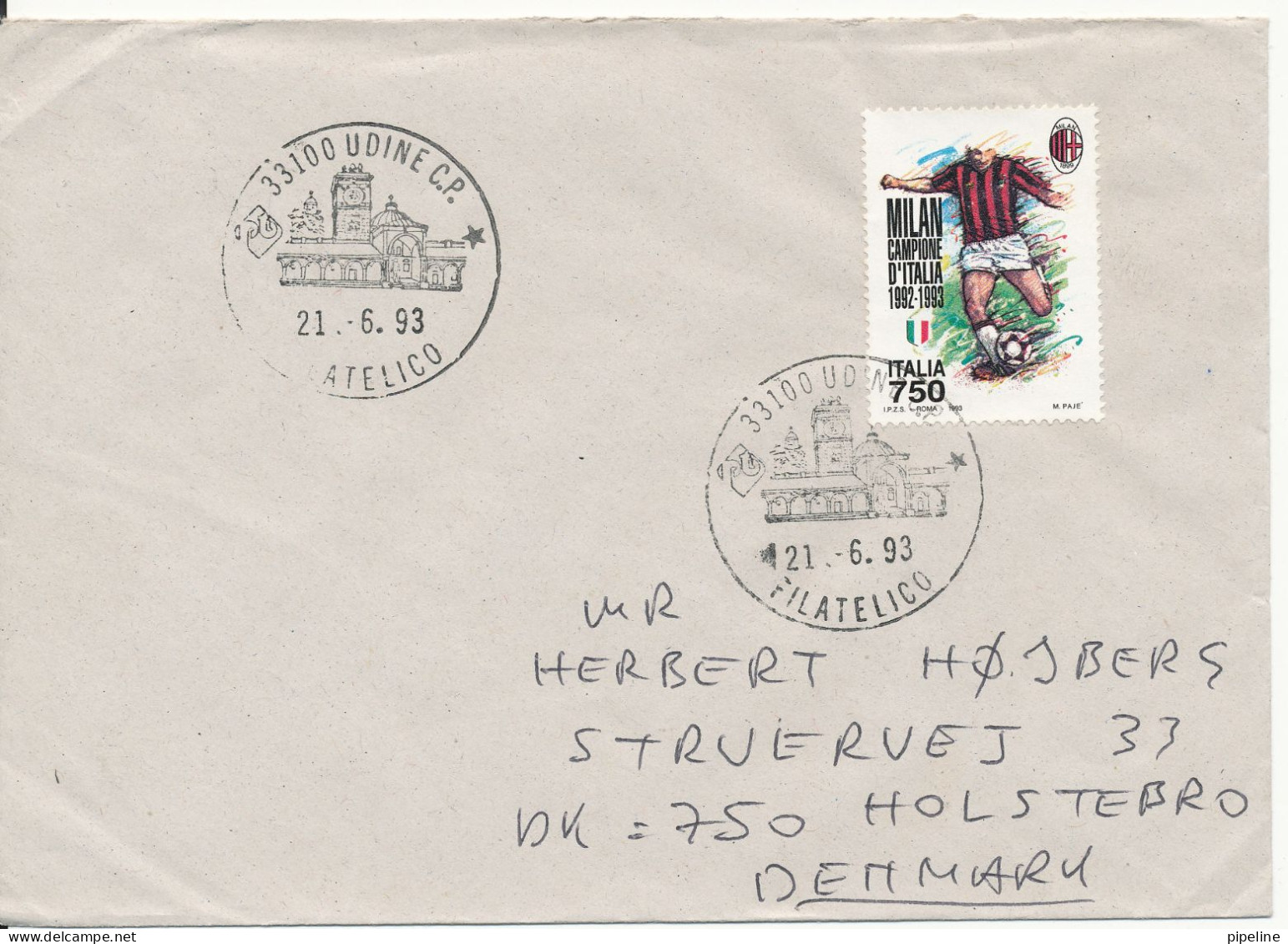 Italy Cover Single Franked Sent To Denmark Udine 21-6-1993 Football Single Franked - 1991-00: Marcophilia