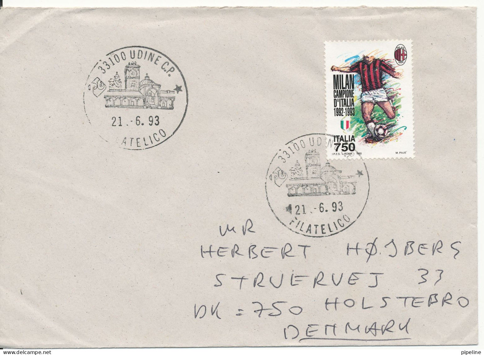 Italy Cover Single Franked Sent To Denmark Udine 21-6-1993 Football Single Franked - 1991-00: Marcofilie