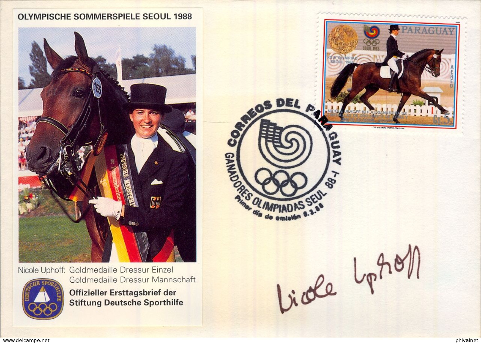 1988 PARAGUAY , PRIMER DIA , FIRST DAY , GANADORES OLIMPIADAS SEUL , HÍPICA , CABALLOS , HORSES - Paraguay