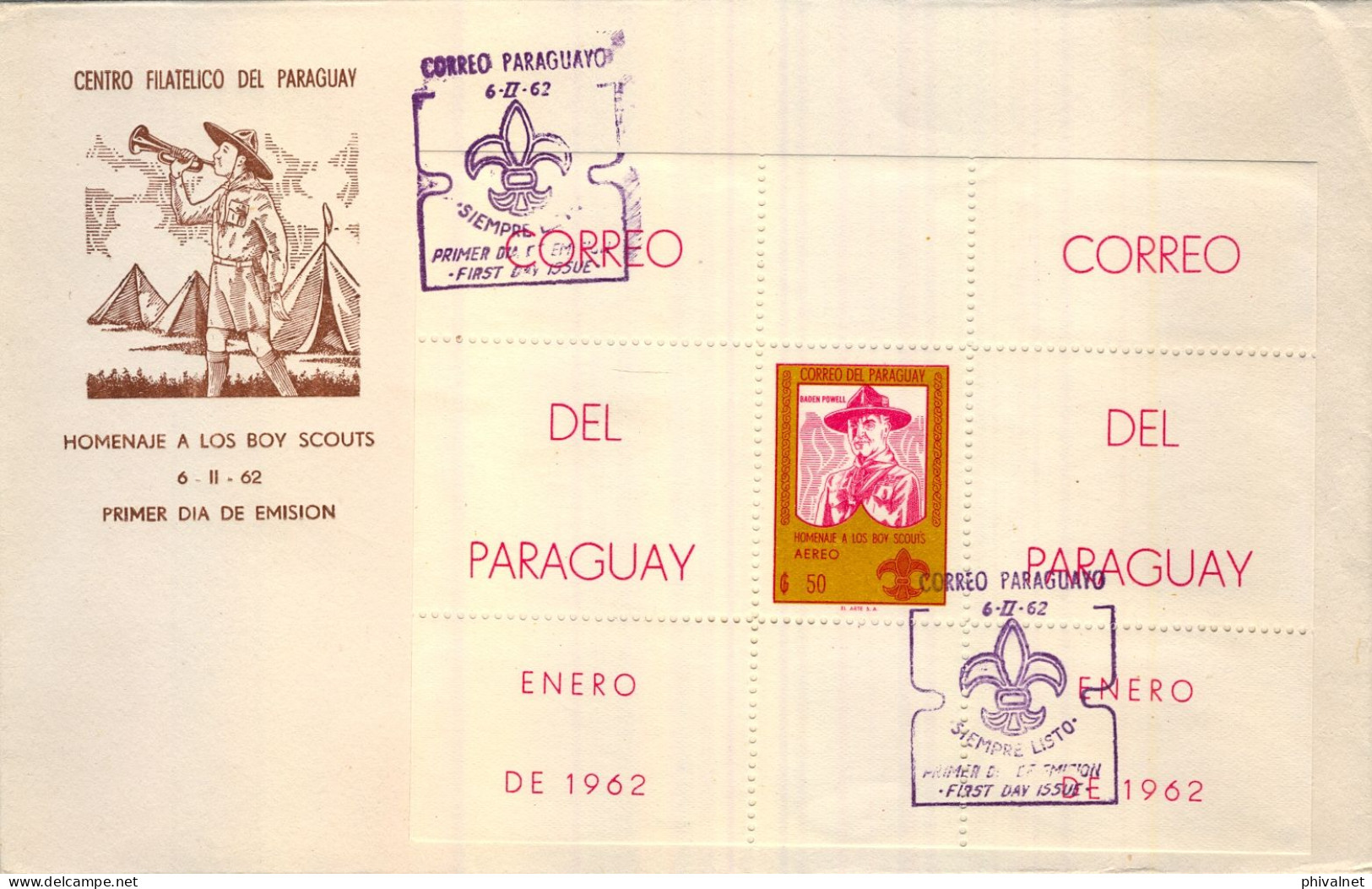 1962 PARAGUAY , PRIMER DIA , FIRST DAY , HOMENAJE A LOS BOY SCOUTS , BADEN POWELL , HOJITA DENTADA - Paraguay